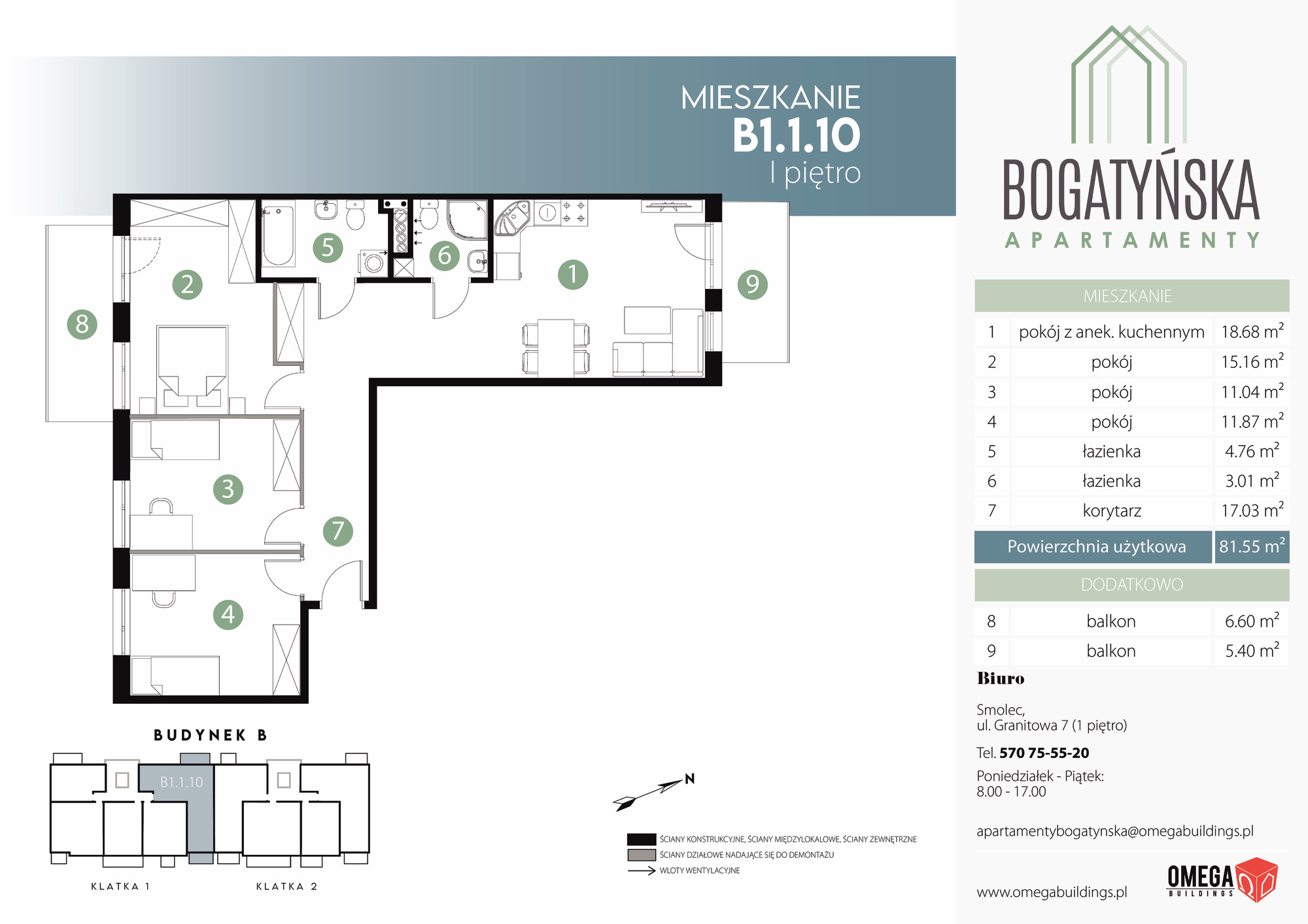 Mieszkanie 81,55 m², piętro 1, oferta nr B1.1.10, Bogatyńska Apartamenty, Wrocław, Maślice, Fabryczna, ul. Bogatyńska-idx