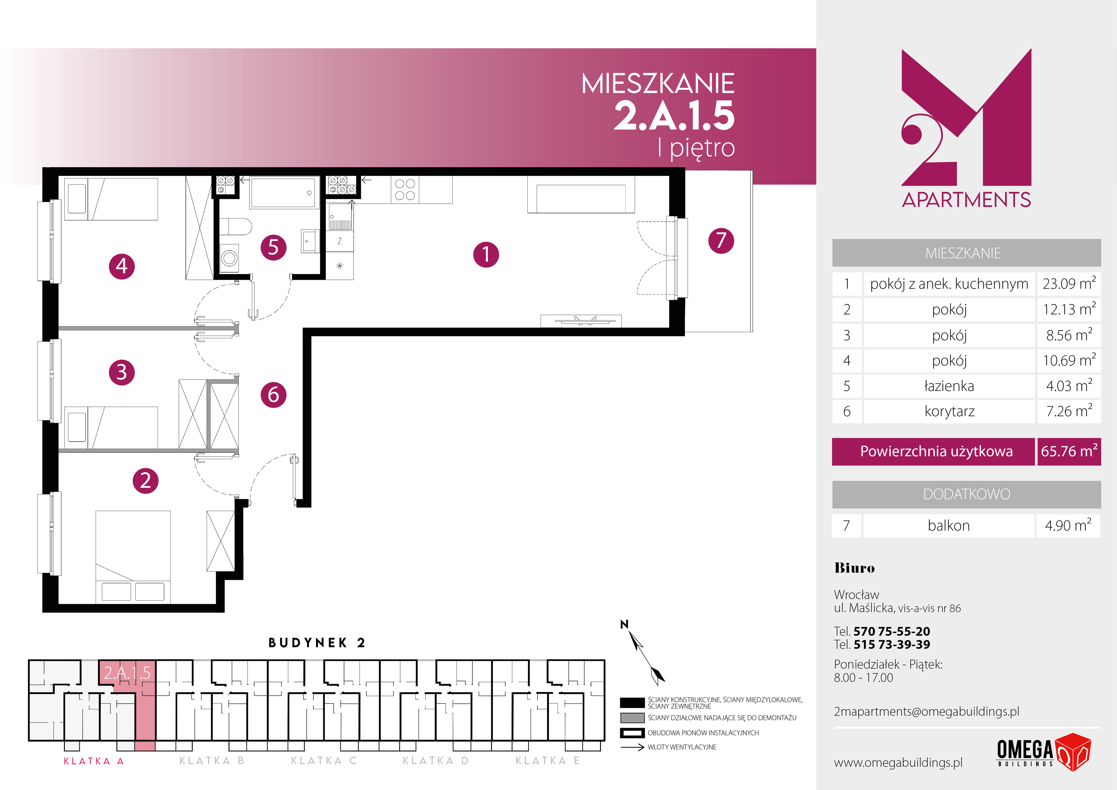 Mieszkanie 66,48 m², piętro 1, oferta nr 2.A.1.5, 2M Apartments, Wrocław, Maślice, Fabryczna, ul. Zawidowska-idx