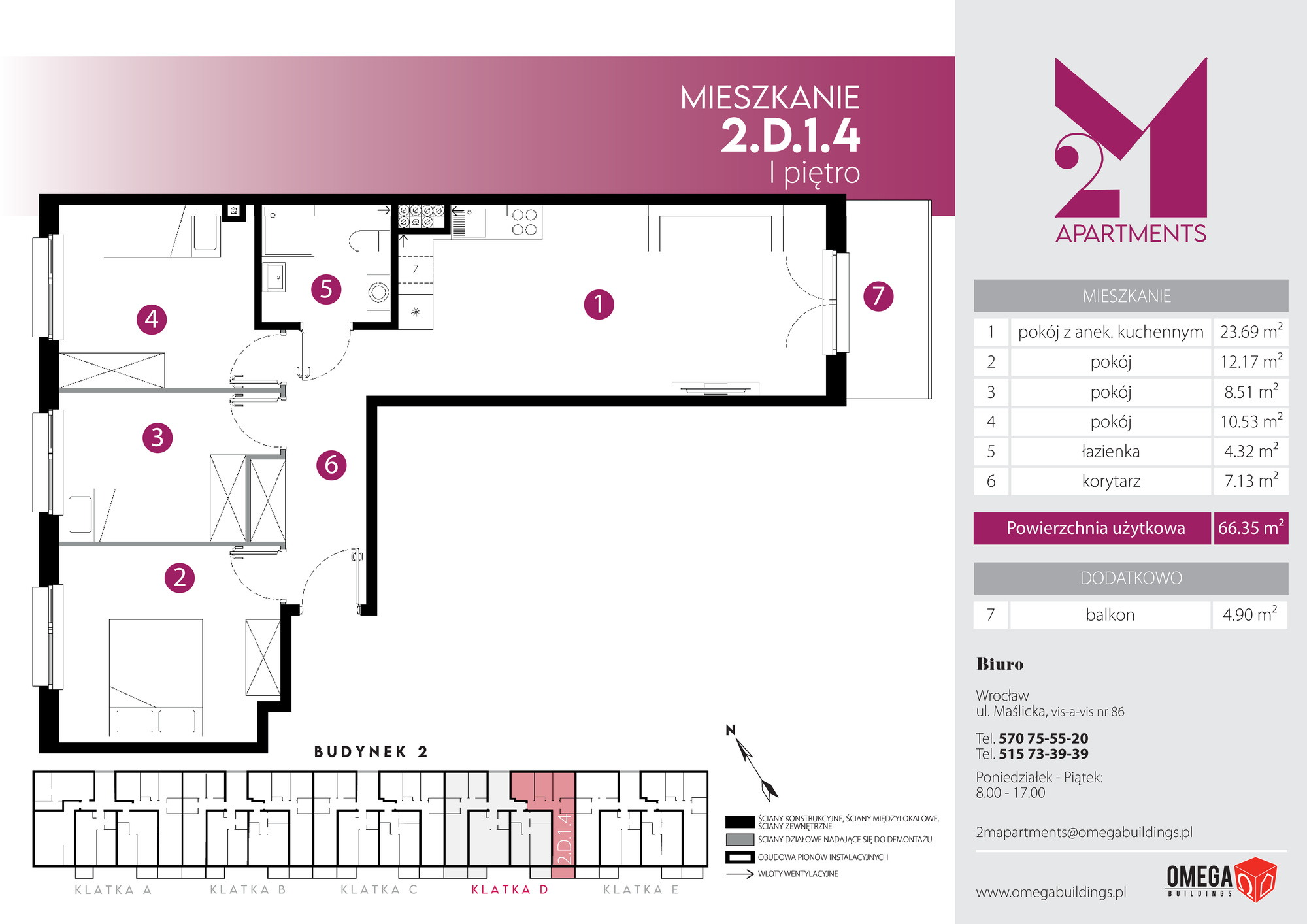 Mieszkanie 66,61 m², piętro 1, oferta nr 2.D.1.4, 2M Apartments, Wrocław, Maślice, Fabryczna, ul. Zawidowska-idx