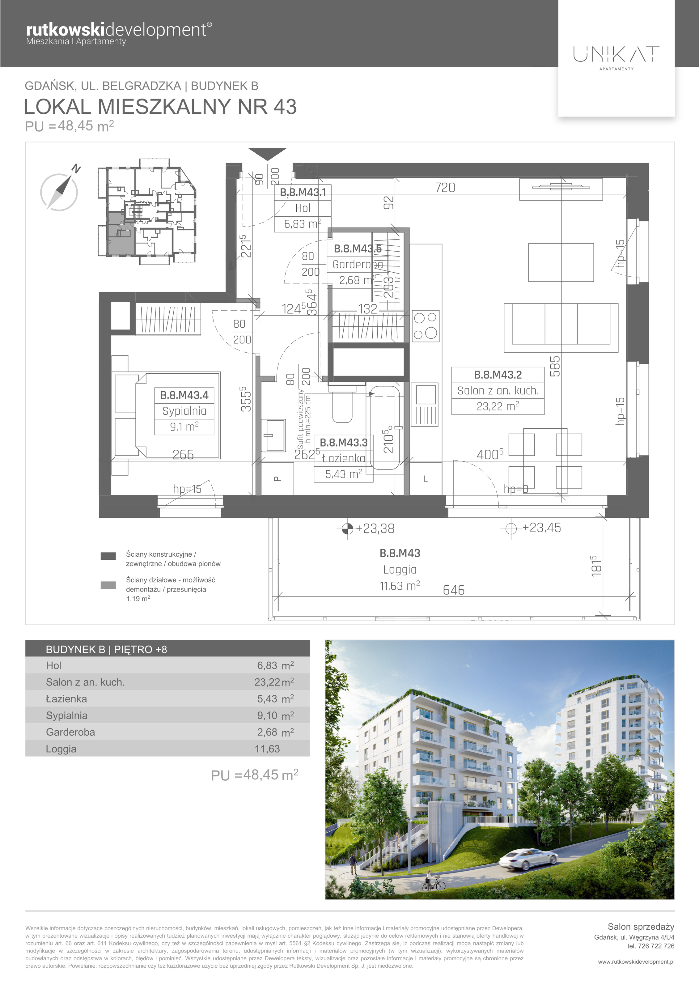 Apartament 48,45 m², piętro 8, oferta nr 43, Unikat Apartamenty, Gdańsk, Piecki-Migowo, Morena, ul. Belgradzka 114-idx