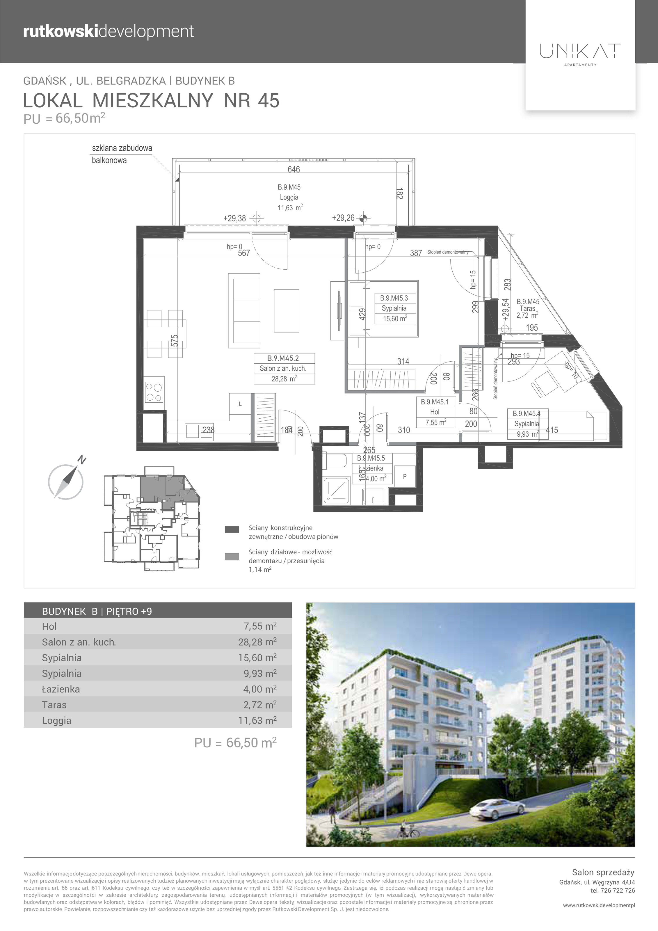 Apartament 66,50 m², piętro 9, oferta nr 45, Unikat Apartamenty, Gdańsk, Piecki-Migowo, Morena, ul. Belgradzka 114-idx