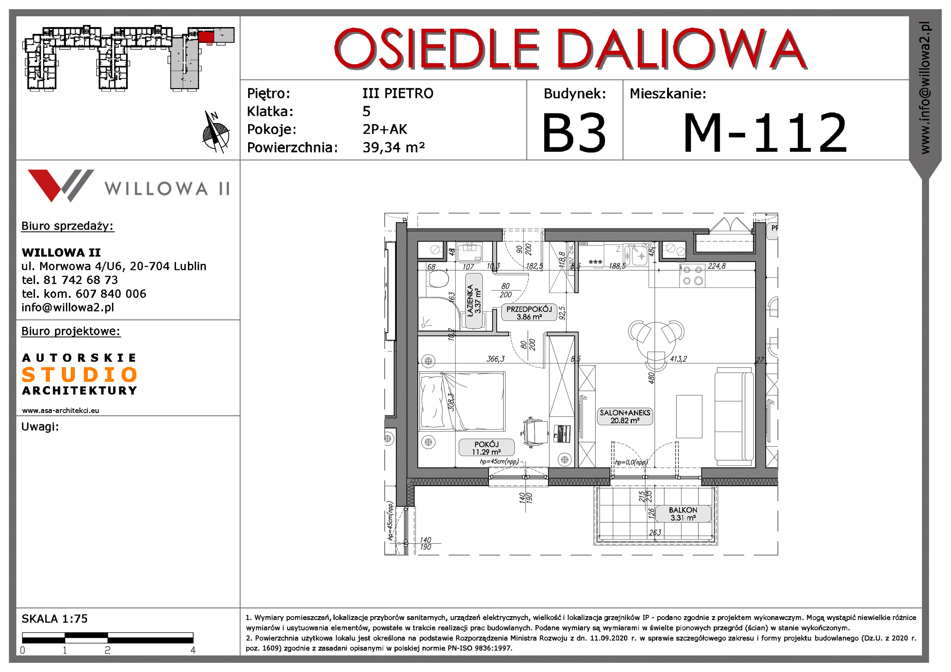 Mieszkanie 39,34 m², piętro 3, oferta nr 112, OSIEDLE DALIOWA, Lublin, Ponikwoda, ul. Daliowa-idx