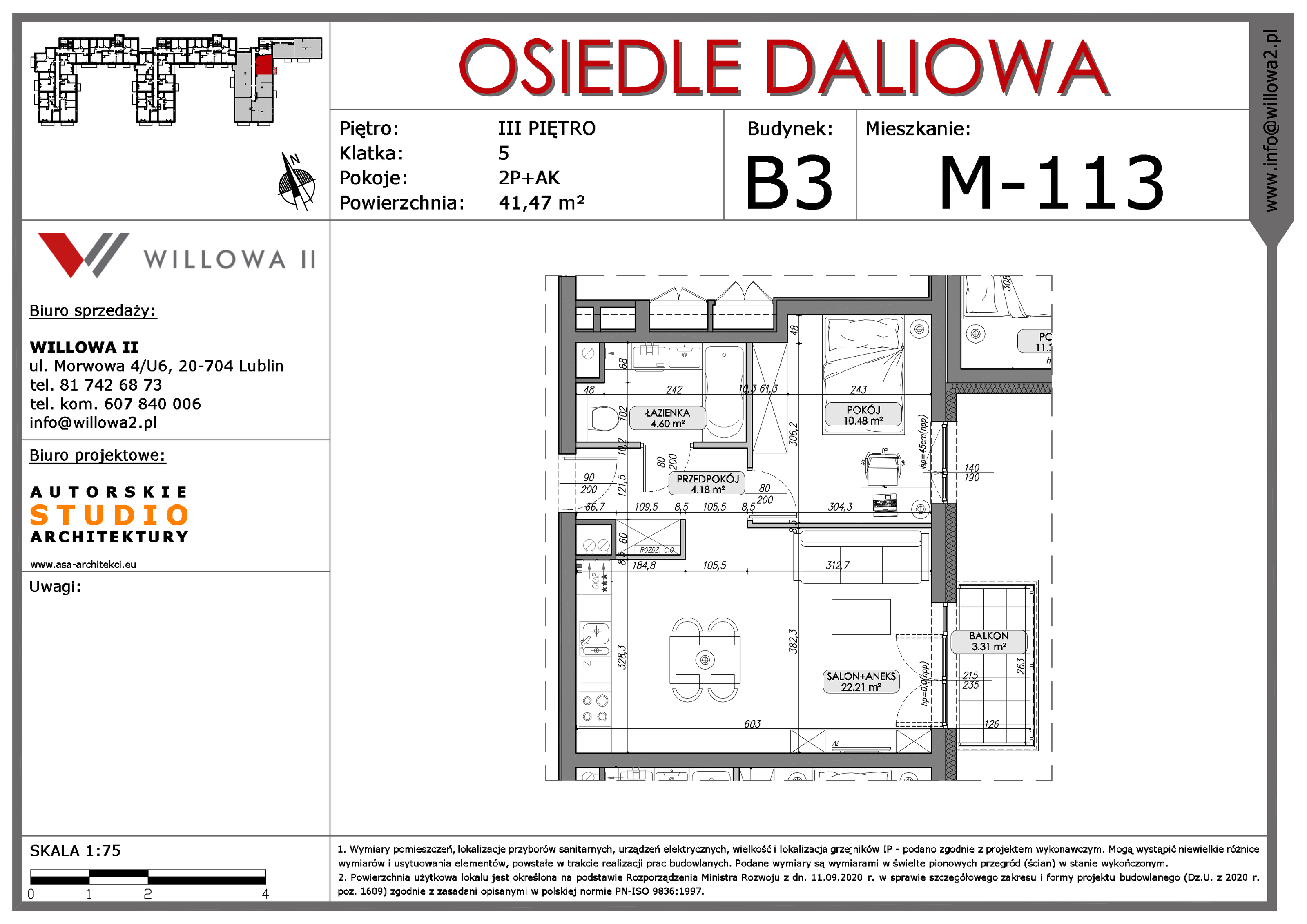 Mieszkanie 41,47 m², piętro 3, oferta nr 113, OSIEDLE DALIOWA, Lublin, Ponikwoda, ul. Daliowa-idx