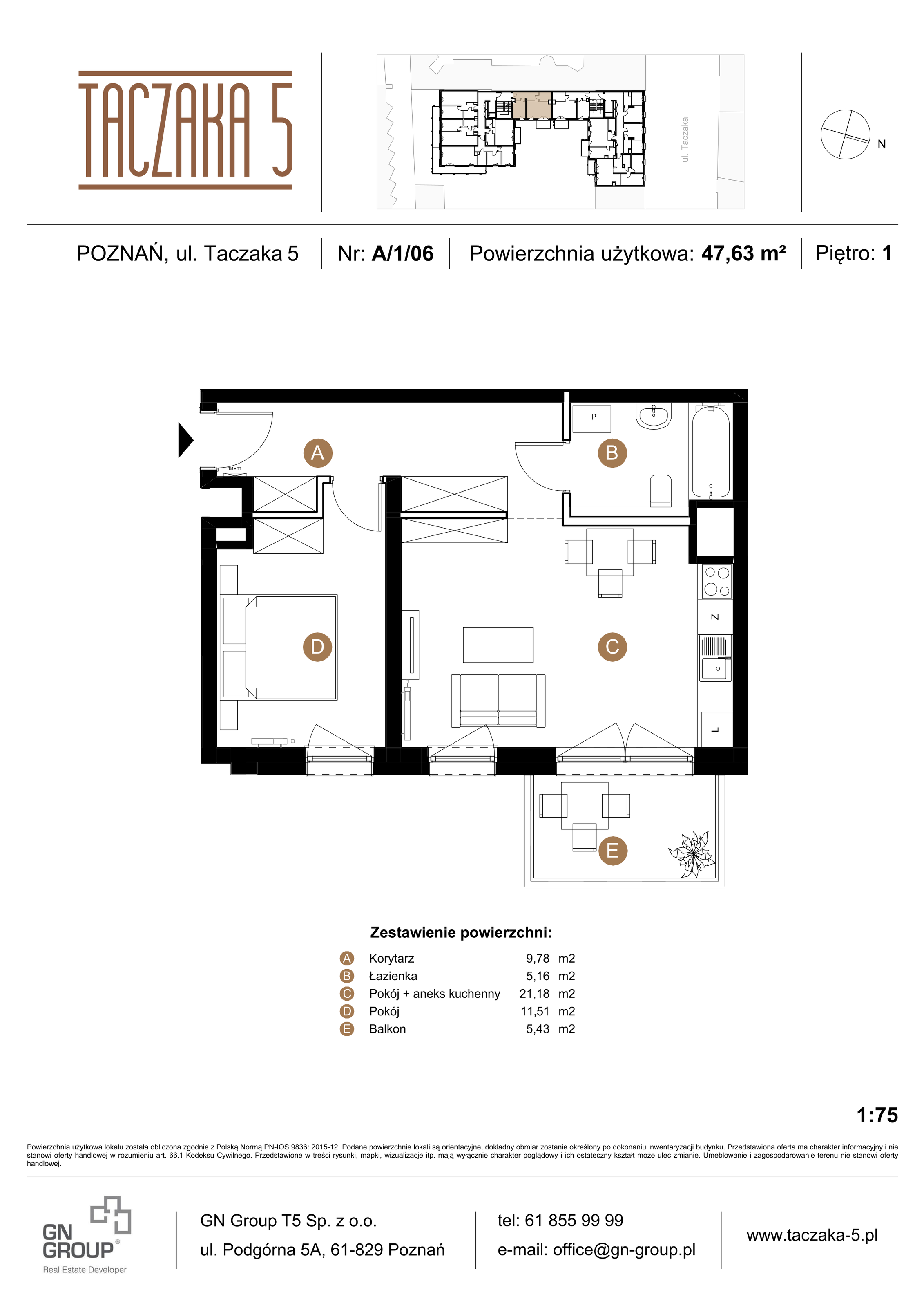 Apartament 47,63 m², piętro 1, oferta nr A/1/06, Taczaka 5, Poznań, Stare Miasto, Stare Miasto, ul. Stanisława Taczaka 5-idx