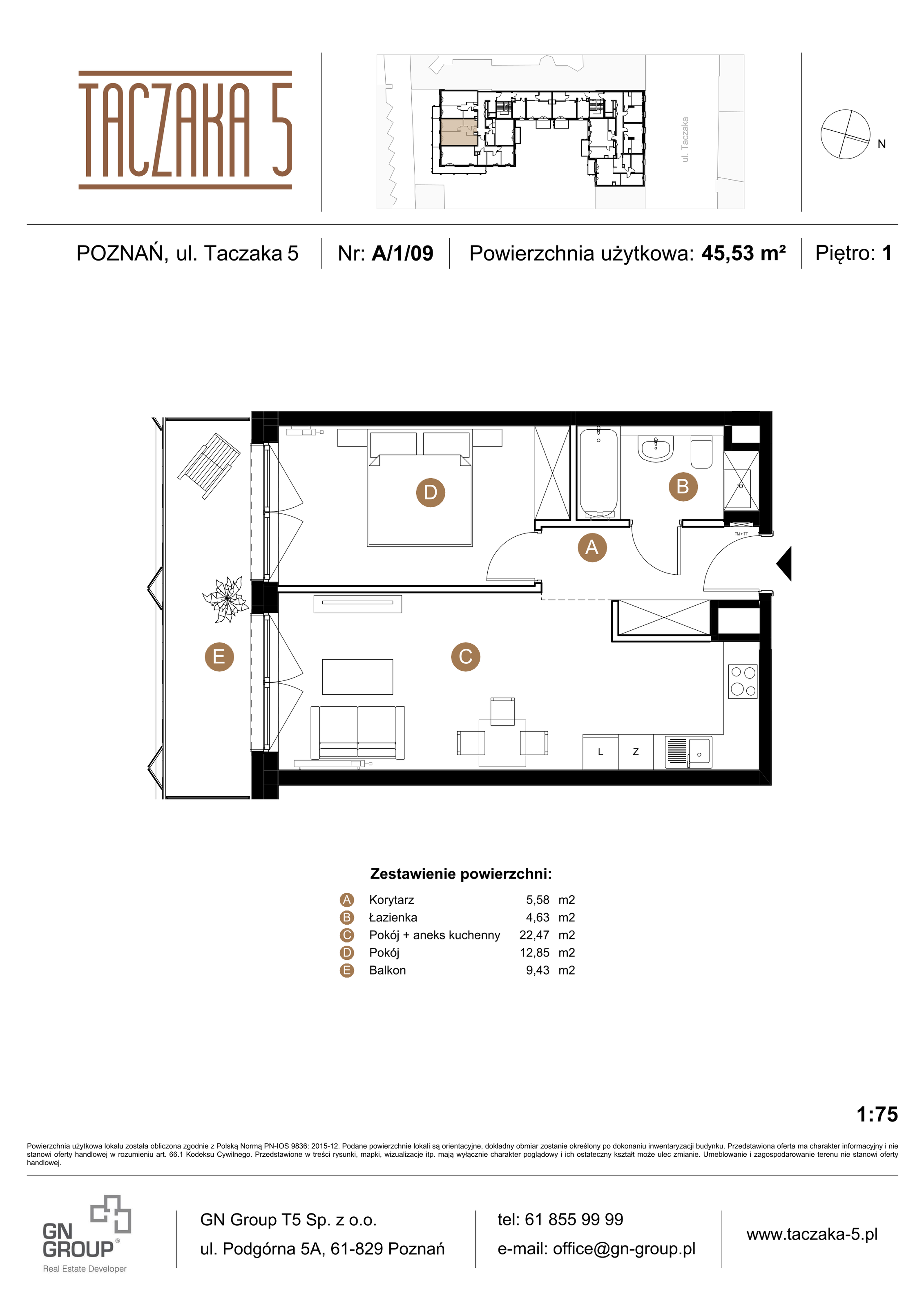 Apartament 45,53 m², piętro 1, oferta nr A/1/09, Taczaka 5, Poznań, Stare Miasto, Stare Miasto, ul. Stanisława Taczaka 5-idx