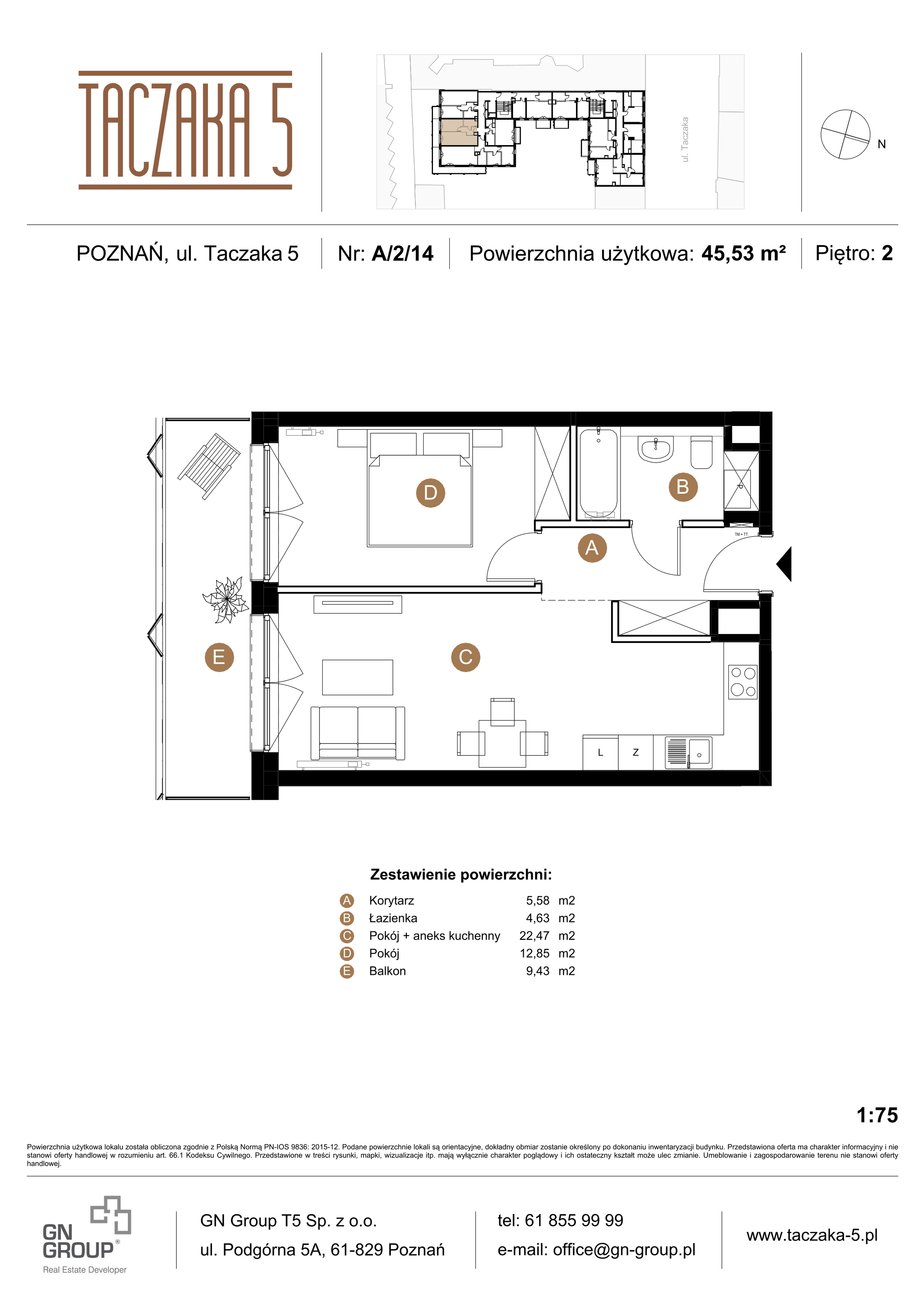 Apartament 45,53 m², piętro 2, oferta nr A/2/14, Taczaka 5, Poznań, Stare Miasto, Stare Miasto, ul. Stanisława Taczaka 5-idx