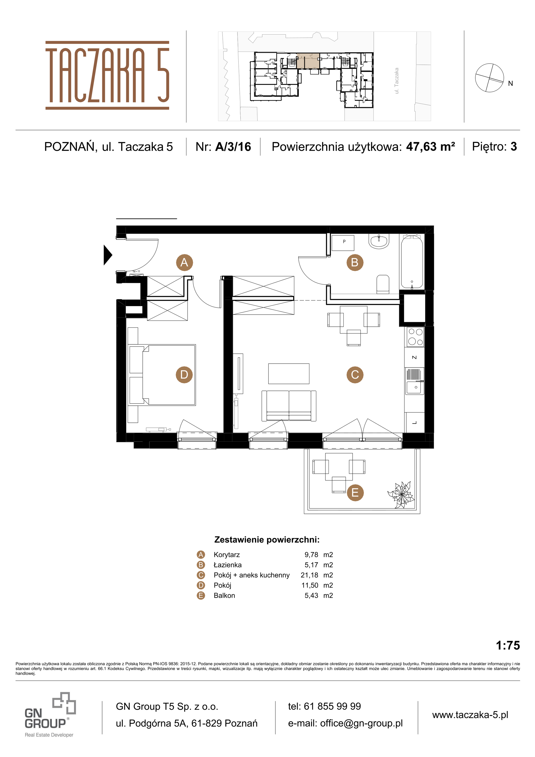 Apartament 47,63 m², piętro 3, oferta nr A/3/16, Taczaka 5, Poznań, Stare Miasto, Stare Miasto, ul. Stanisława Taczaka 5-idx