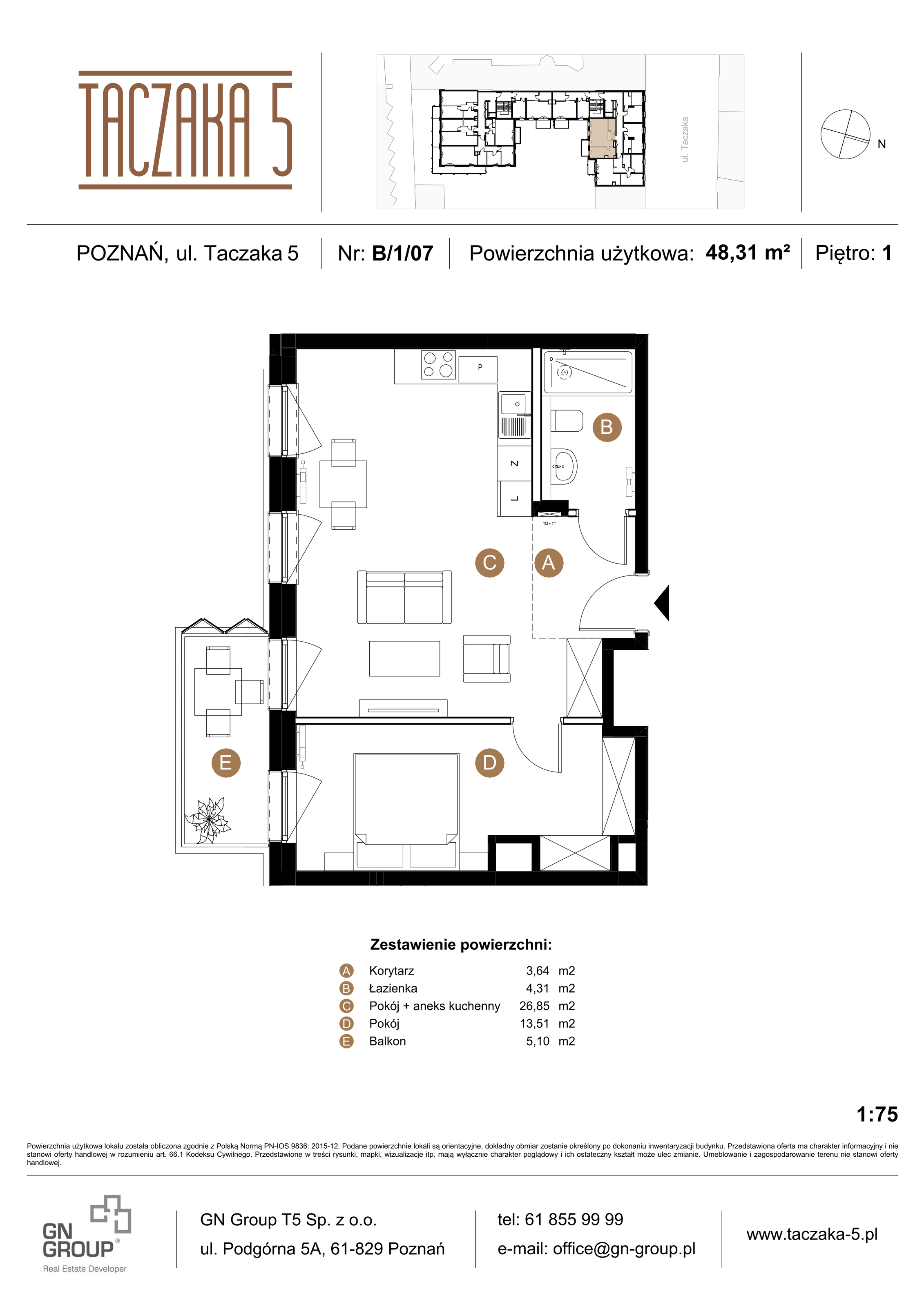 Apartament 48,31 m², piętro 1, oferta nr B/1/07, Taczaka 5, Poznań, Stare Miasto, Stare Miasto, ul. Stanisława Taczaka 5-idx