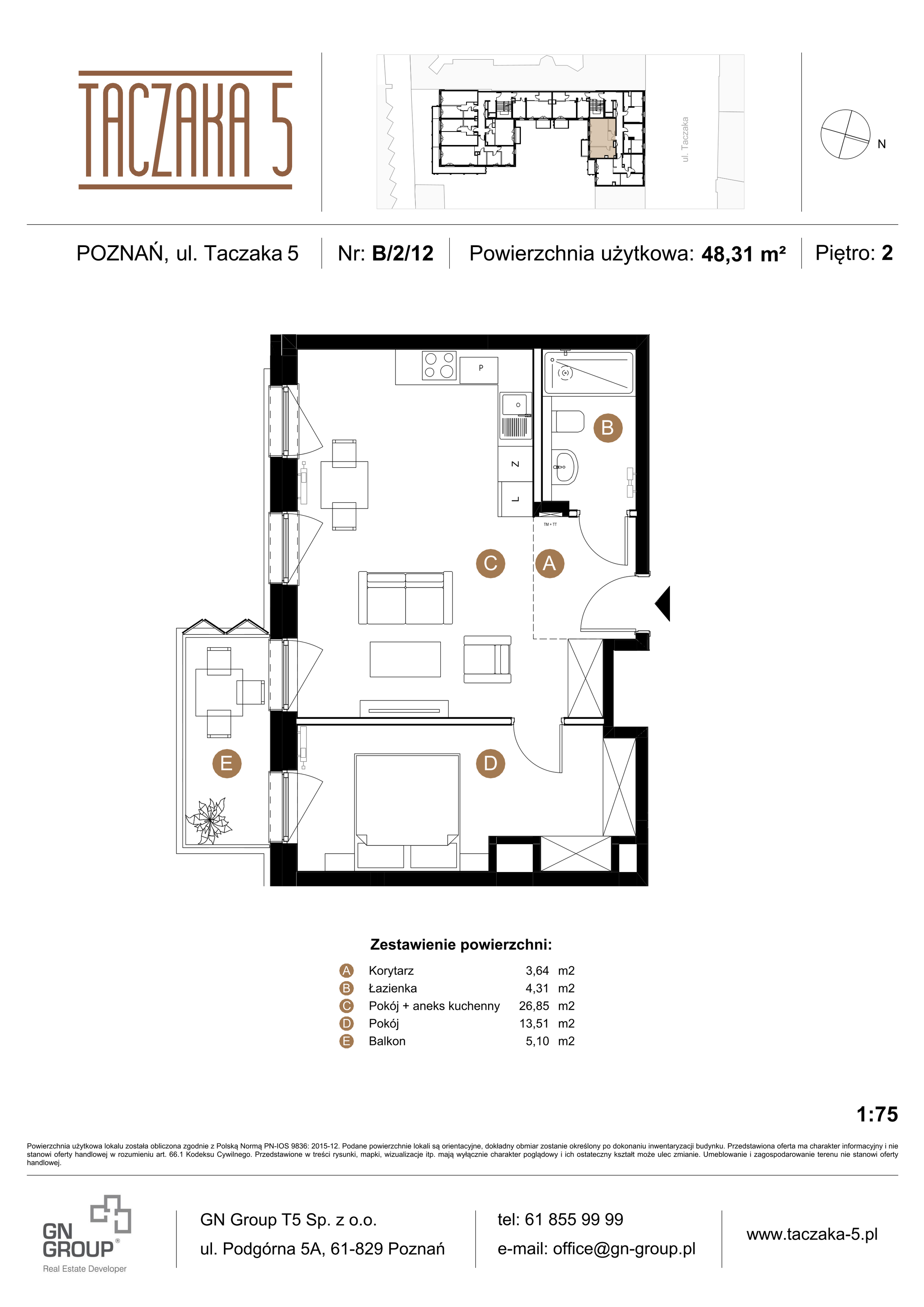 Apartament 48,31 m², piętro 2, oferta nr B/2/12, Taczaka 5, Poznań, Stare Miasto, Stare Miasto, ul. Stanisława Taczaka 5-idx