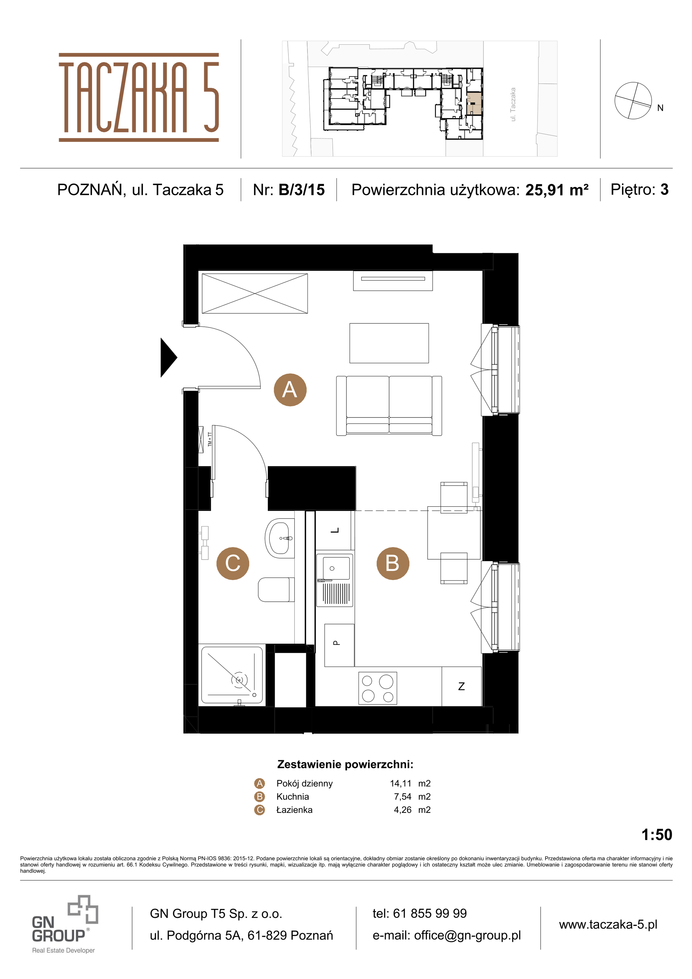 Apartament 25,91 m², piętro 3, oferta nr B/3/15, Taczaka 5, Poznań, Stare Miasto, Stare Miasto, ul. Stanisława Taczaka 5-idx