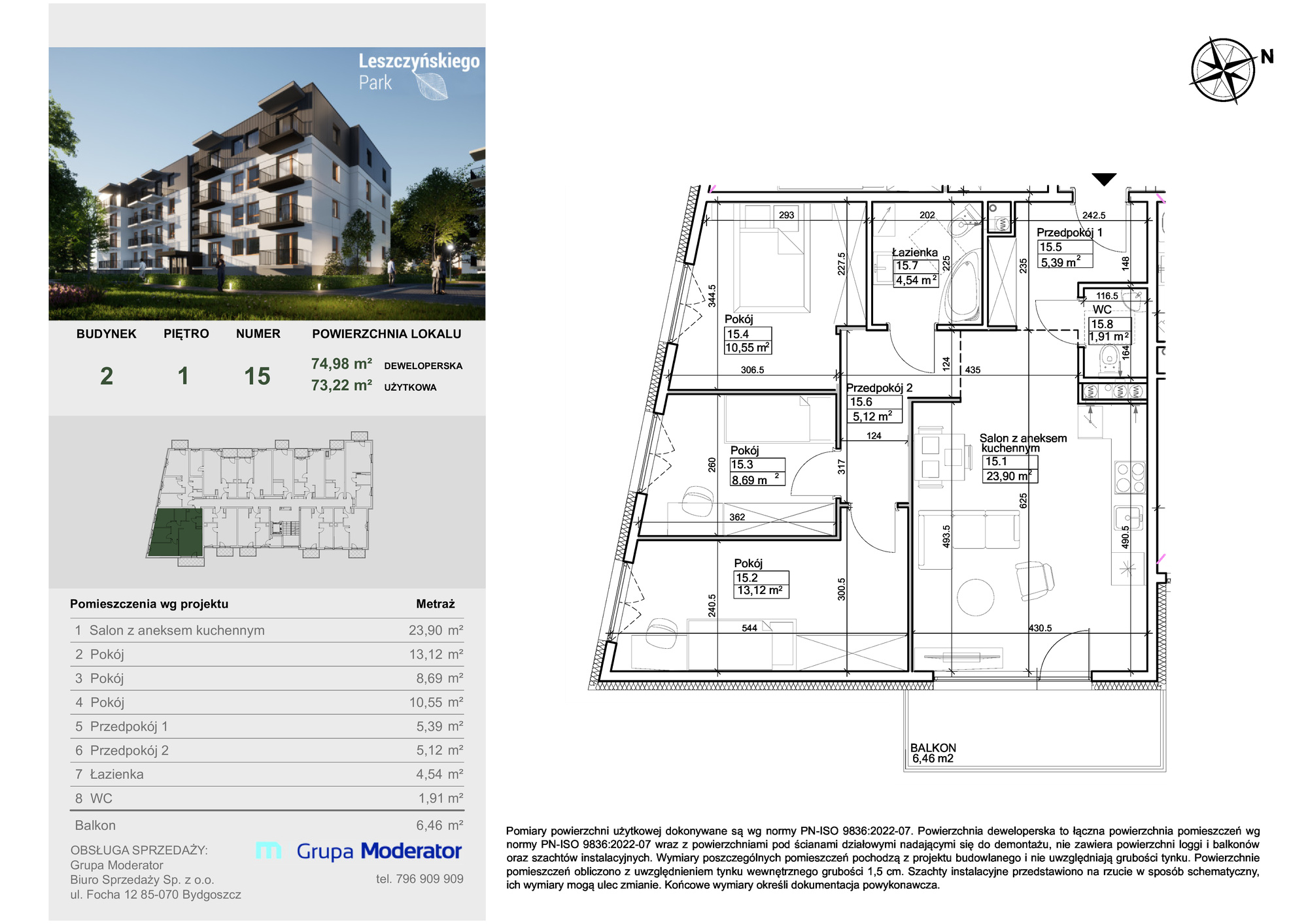 Mieszkanie 73,22 m², piętro 1, oferta nr III/15, Leszczyńskiego Park, Bydgoszcz, Szwederowo, ul. Leszczyńskiego-idx