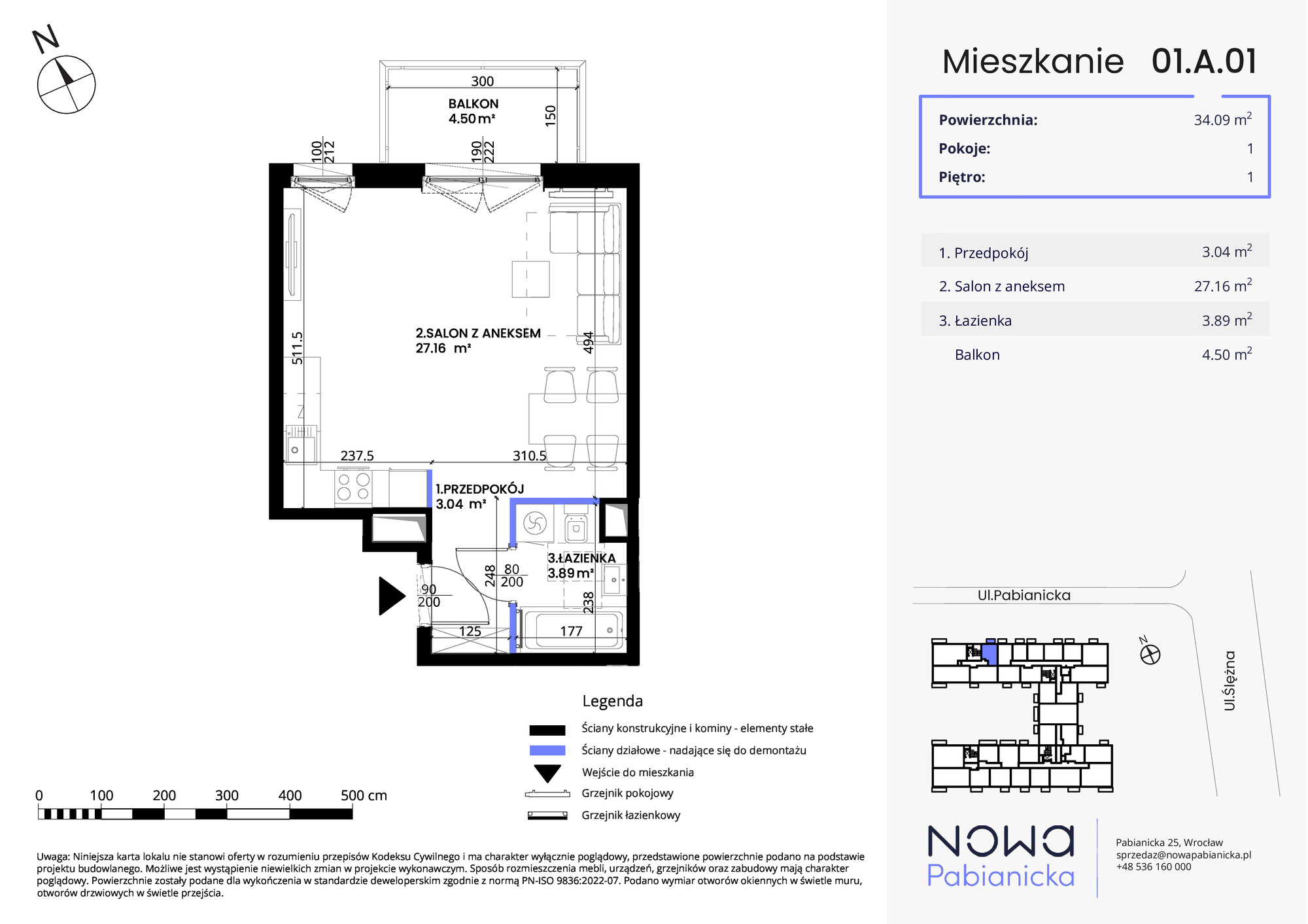 Mieszkanie 34,09 m², piętro 1, oferta nr 01.A.01, Nowa Pabianicka, Wrocław, Krzyki-Partynice, Krzyki, ul. Pabianicka 25-idx