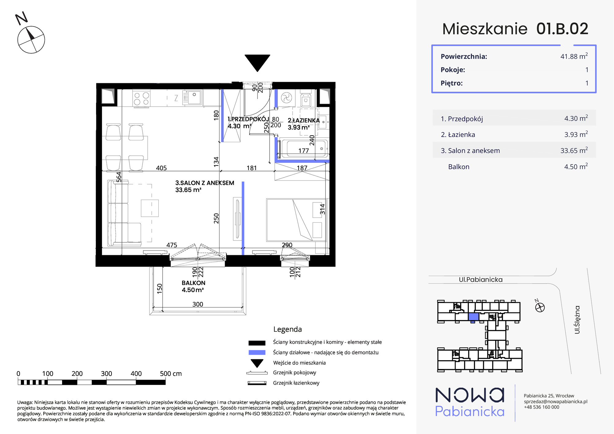 Mieszkanie 41,88 m², piętro 1, oferta nr 01.B.02, Nowa Pabianicka, Wrocław, Krzyki-Partynice, Krzyki, ul. Pabianicka 25-idx