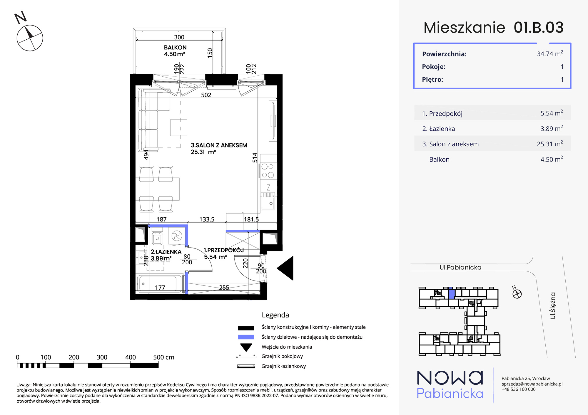 Mieszkanie 34,74 m², piętro 1, oferta nr 01.B.03, Nowa Pabianicka, Wrocław, Krzyki-Partynice, Krzyki, ul. Pabianicka 25-idx