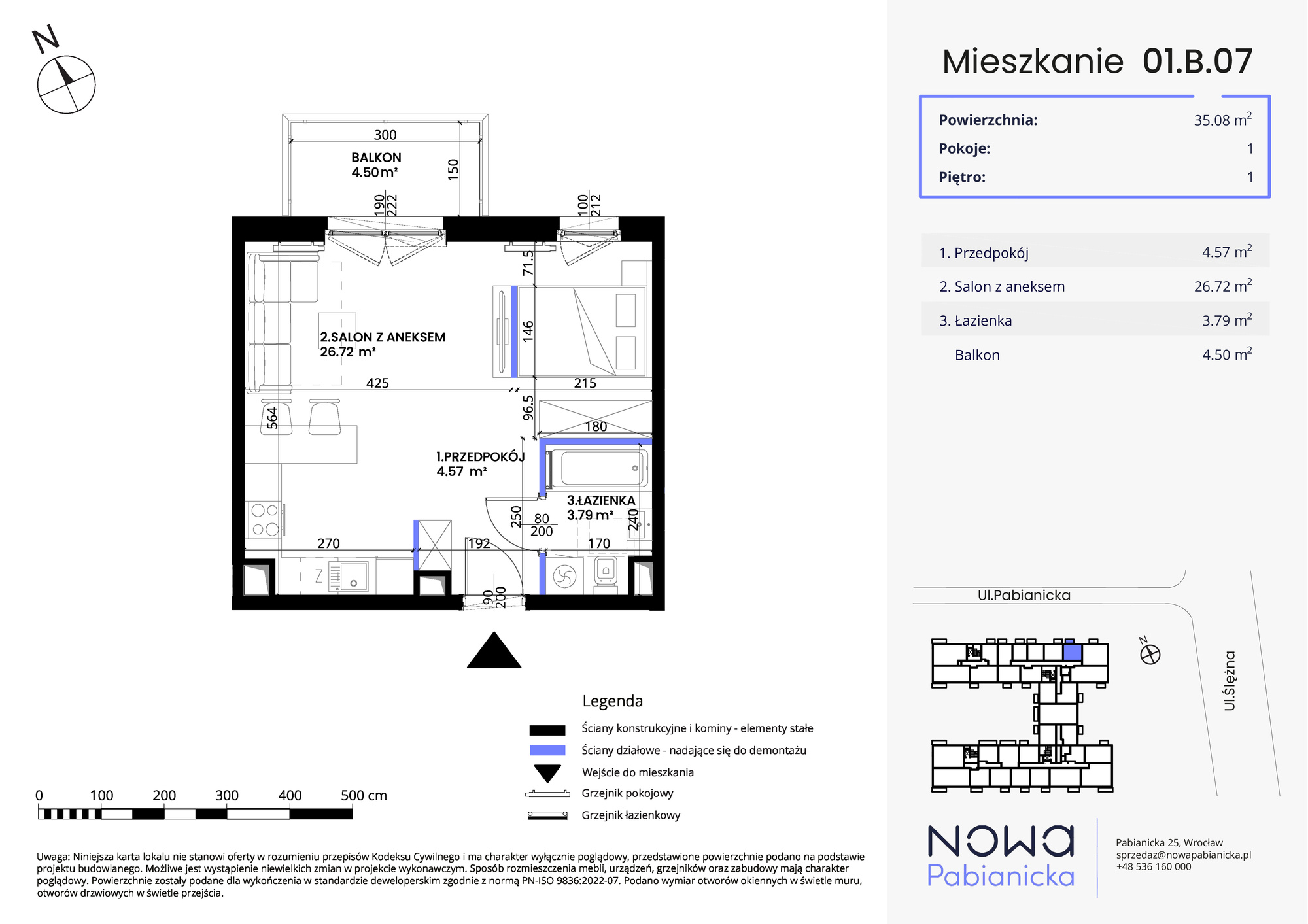 Mieszkanie 35,08 m², piętro 1, oferta nr 01.B.07, Nowa Pabianicka, Wrocław, Krzyki-Partynice, Krzyki, ul. Pabianicka 25-idx