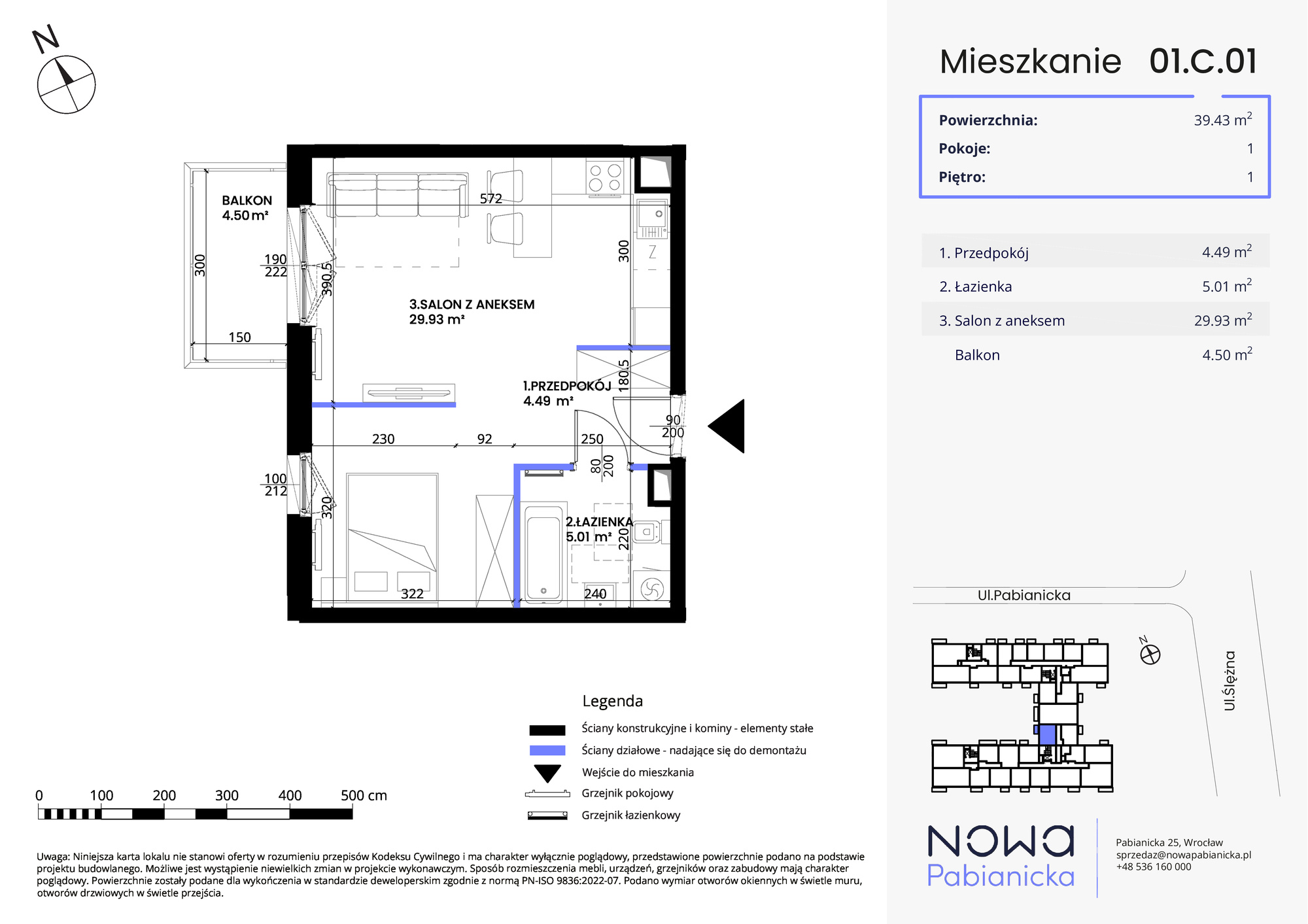 Mieszkanie 39,43 m², piętro 1, oferta nr 01.C.01, Nowa Pabianicka, Wrocław, Krzyki-Partynice, Krzyki, ul. Pabianicka 25-idx