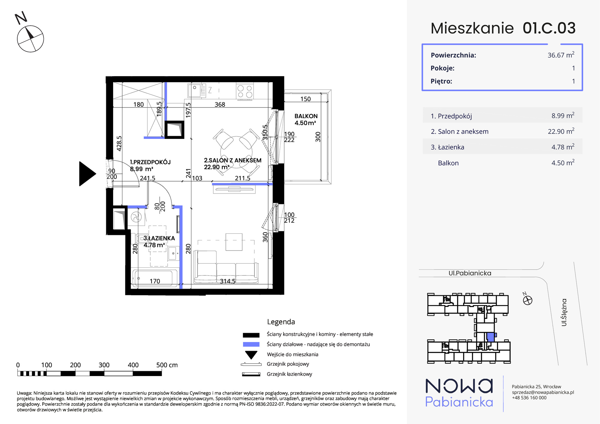 Mieszkanie 36,67 m², piętro 1, oferta nr 01.C.03, Nowa Pabianicka, Wrocław, Krzyki-Partynice, Krzyki, ul. Pabianicka 25-idx