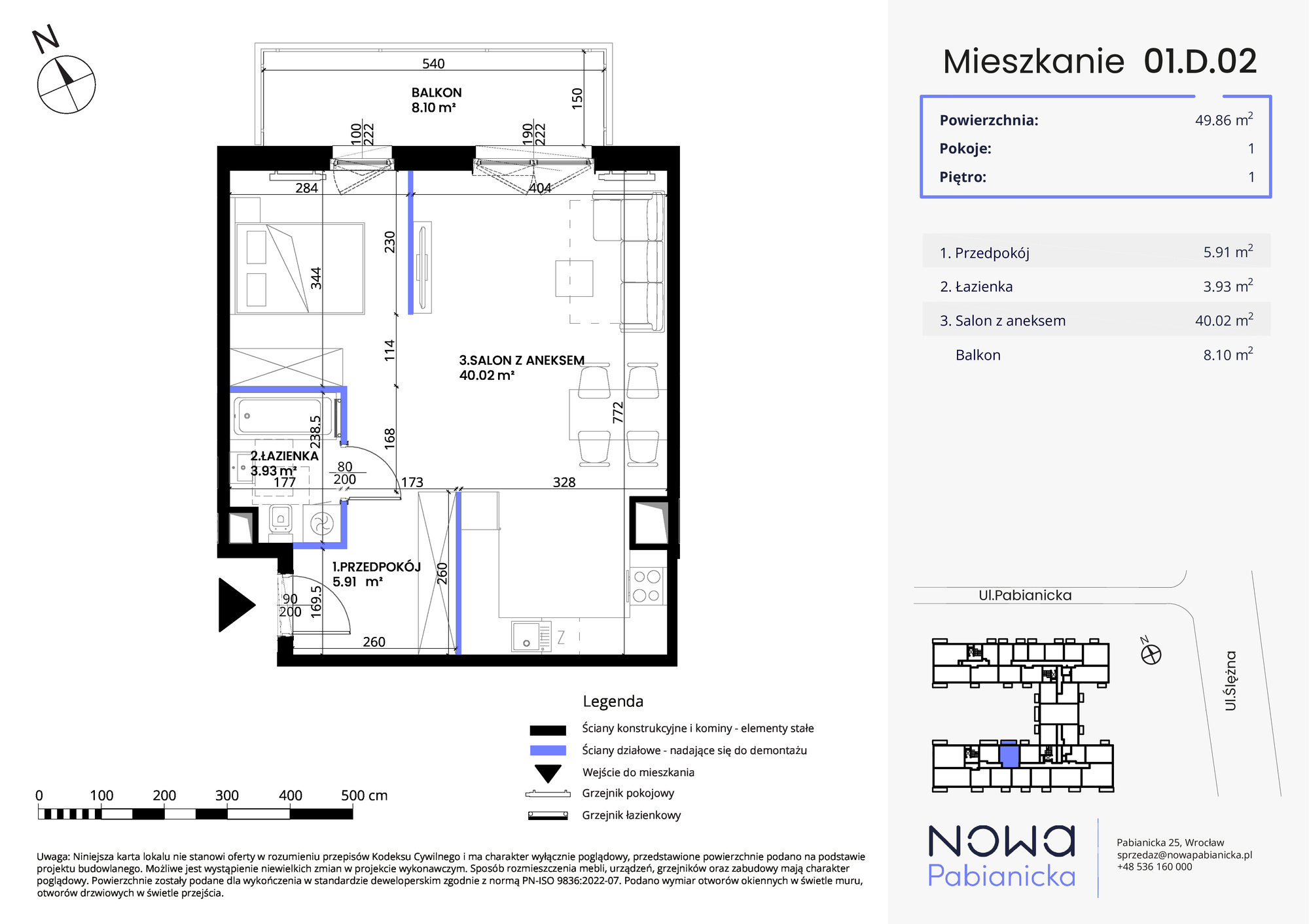 Mieszkanie 49,86 m², piętro 1, oferta nr 01.D.02, Nowa Pabianicka, Wrocław, Krzyki-Partynice, Krzyki, ul. Pabianicka 25-idx