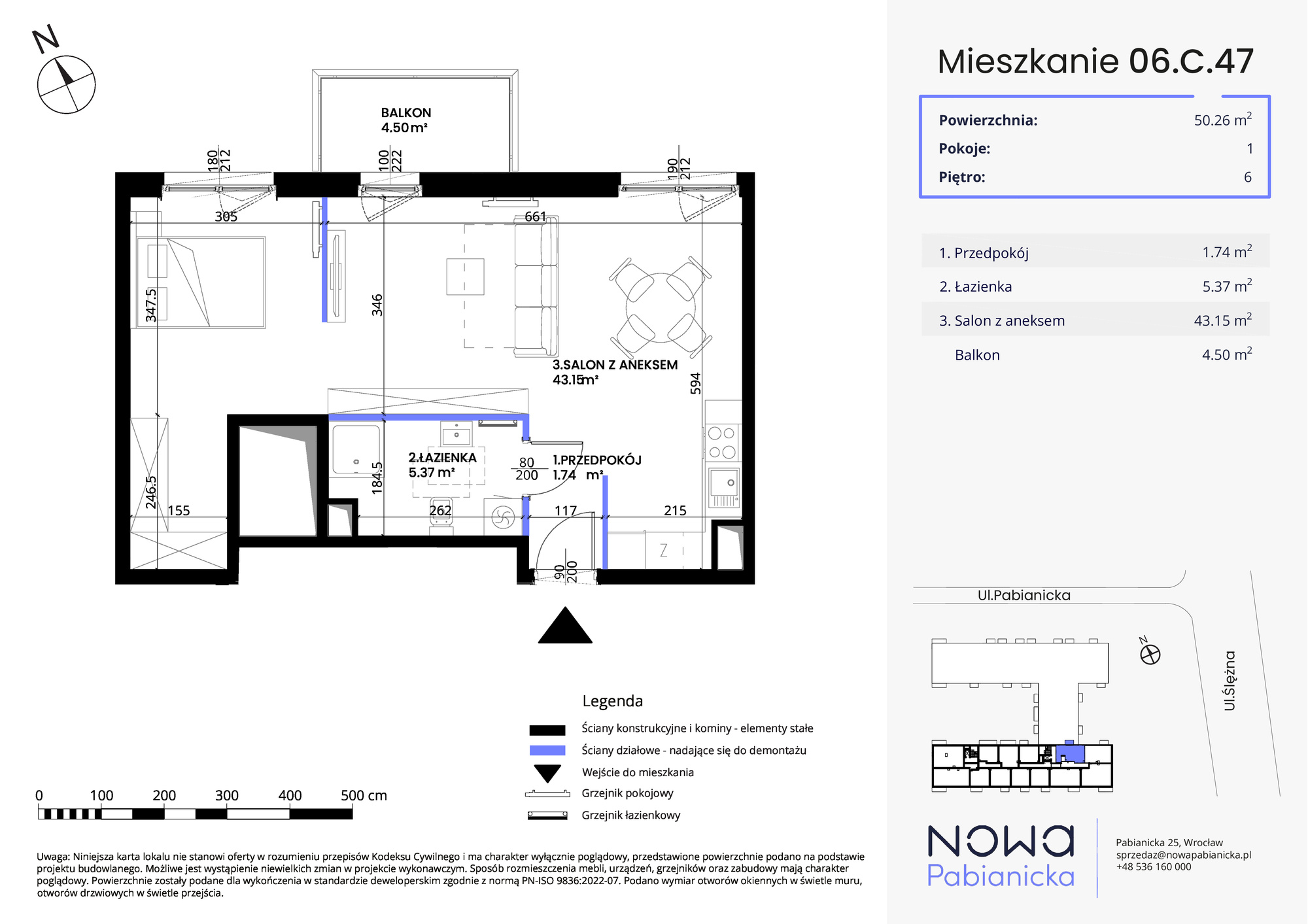 Mieszkanie 50,26 m², piętro 6, oferta nr 06.C.47, Nowa Pabianicka, Wrocław, Krzyki-Partynice, Krzyki, ul. Pabianicka 25-idx