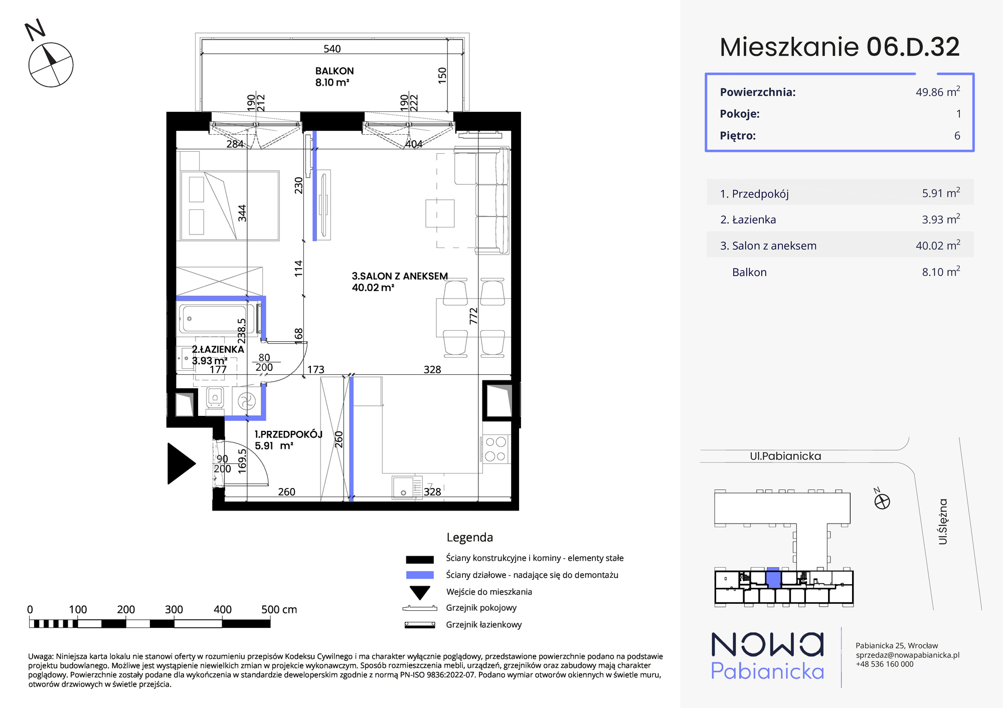 Mieszkanie 49,86 m², piętro 6, oferta nr 06.D.32, Nowa Pabianicka, Wrocław, Krzyki-Partynice, Krzyki, ul. Pabianicka 25-idx