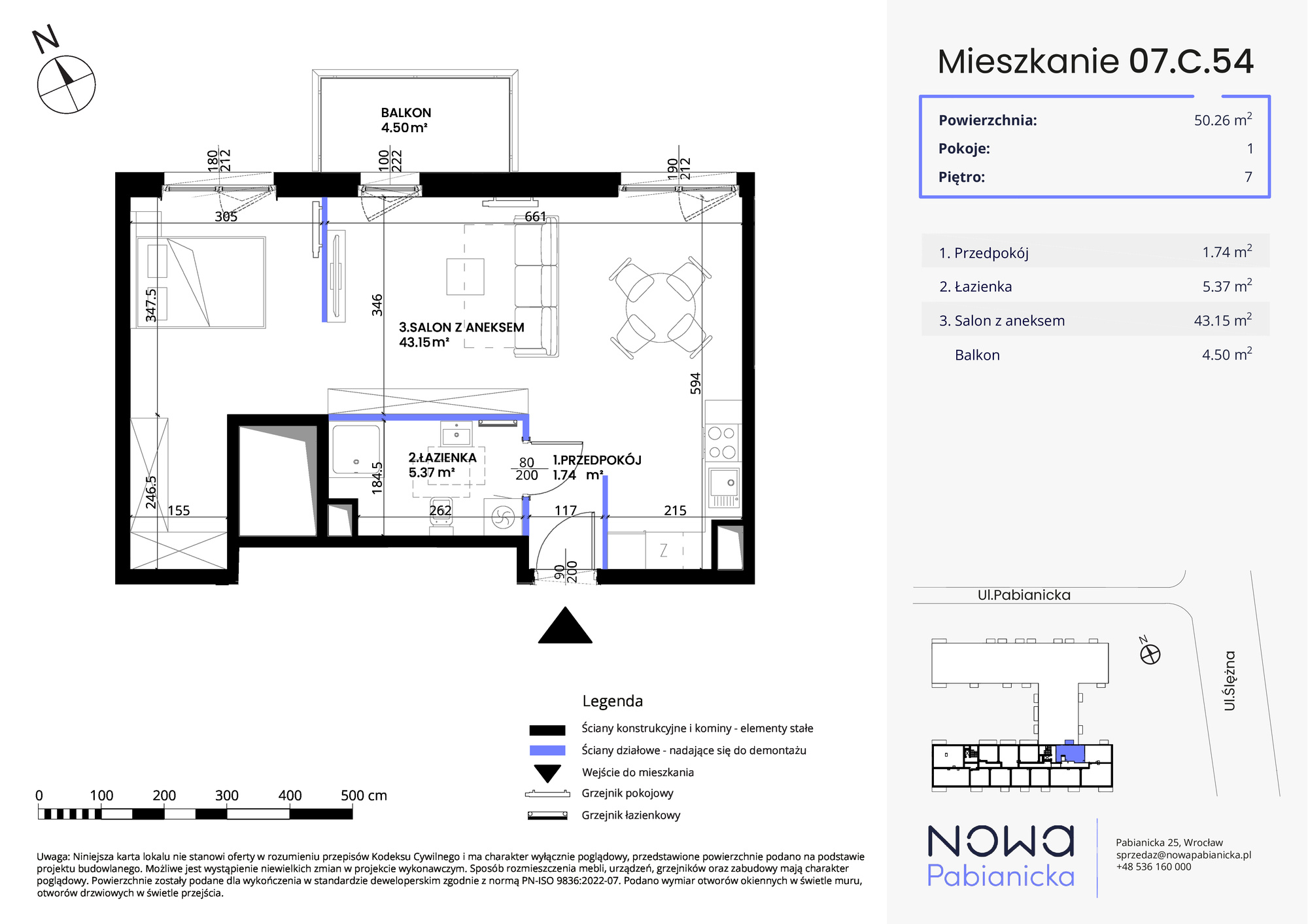 Mieszkanie 50,26 m², piętro 7, oferta nr 07.C.54, Nowa Pabianicka, Wrocław, Krzyki-Partynice, Krzyki, ul. Pabianicka 25-idx