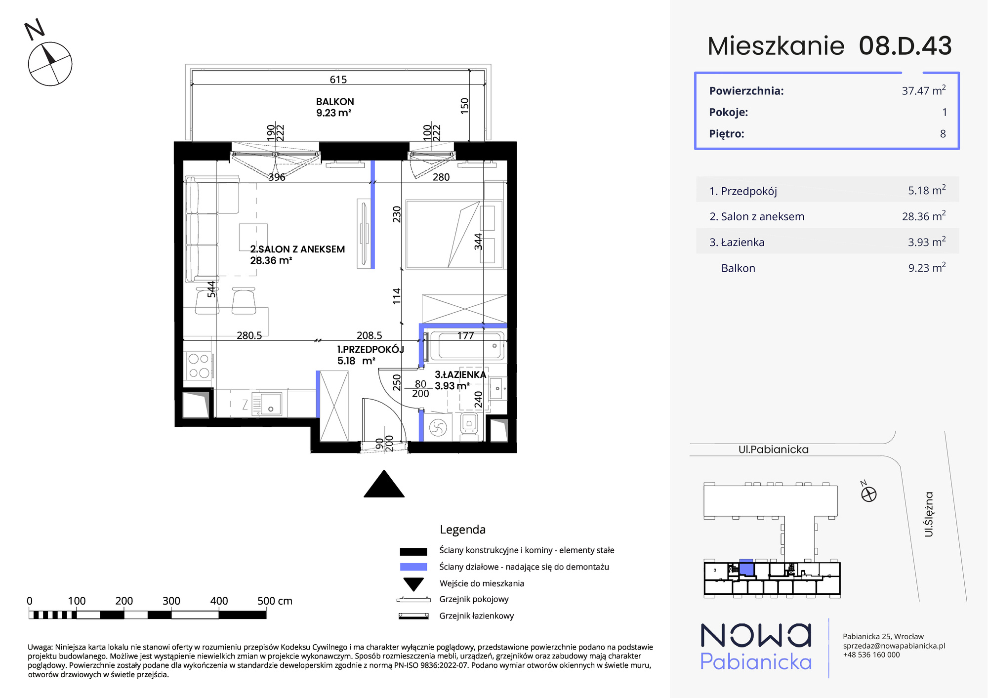 Mieszkanie 37,47 m², piętro 8, oferta nr 08.D.43, Nowa Pabianicka, Wrocław, Krzyki-Partynice, Krzyki, ul. Pabianicka 25-idx