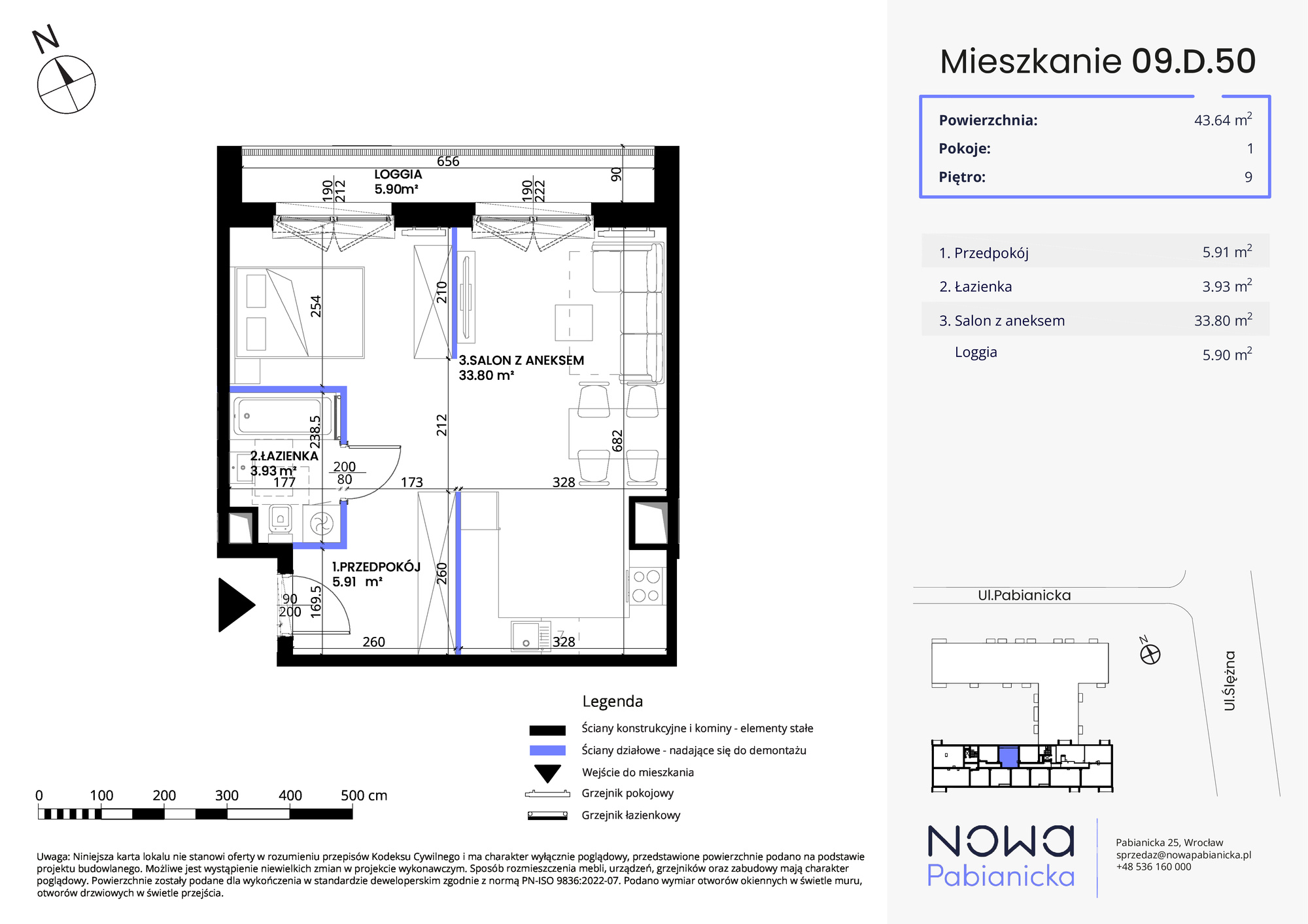 Mieszkanie 43,64 m², piętro 9, oferta nr 09.D.50, Nowa Pabianicka, Wrocław, Krzyki-Partynice, Krzyki, ul. Pabianicka 25-idx