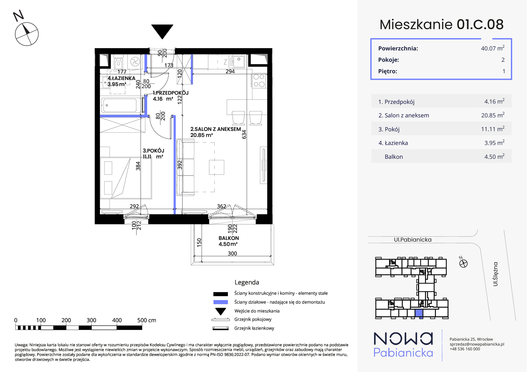 Mieszkanie 40,07 m², piętro 1, oferta nr 01.C.08, Nowa Pabianicka, Wrocław, Krzyki-Partynice, Krzyki, ul. Pabianicka 25-idx