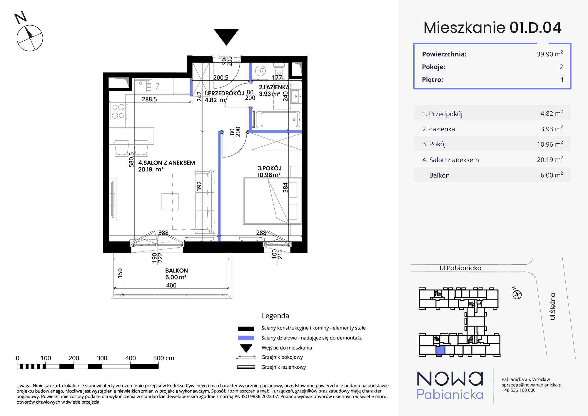 Mieszkanie 39,90 m², piętro 1, oferta nr 01.D.04, Nowa Pabianicka, Wrocław, Krzyki-Partynice, Krzyki, ul. Pabianicka 25-idx