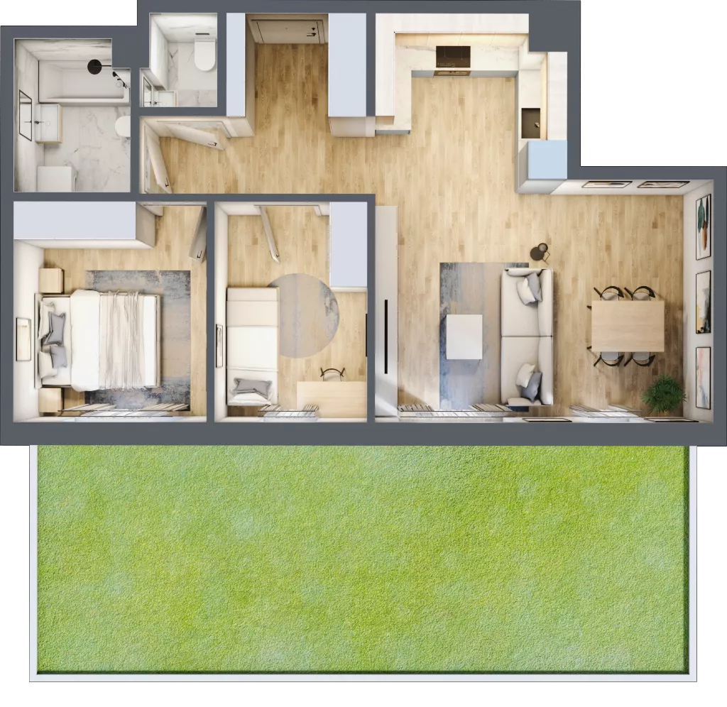 3 pokoje, mieszkanie 59,36 m², parter, oferta nr M02, Apartamenty Jordanowska, Warszawa, Praga Południe, Gocławek, ul. Jordanowska 18