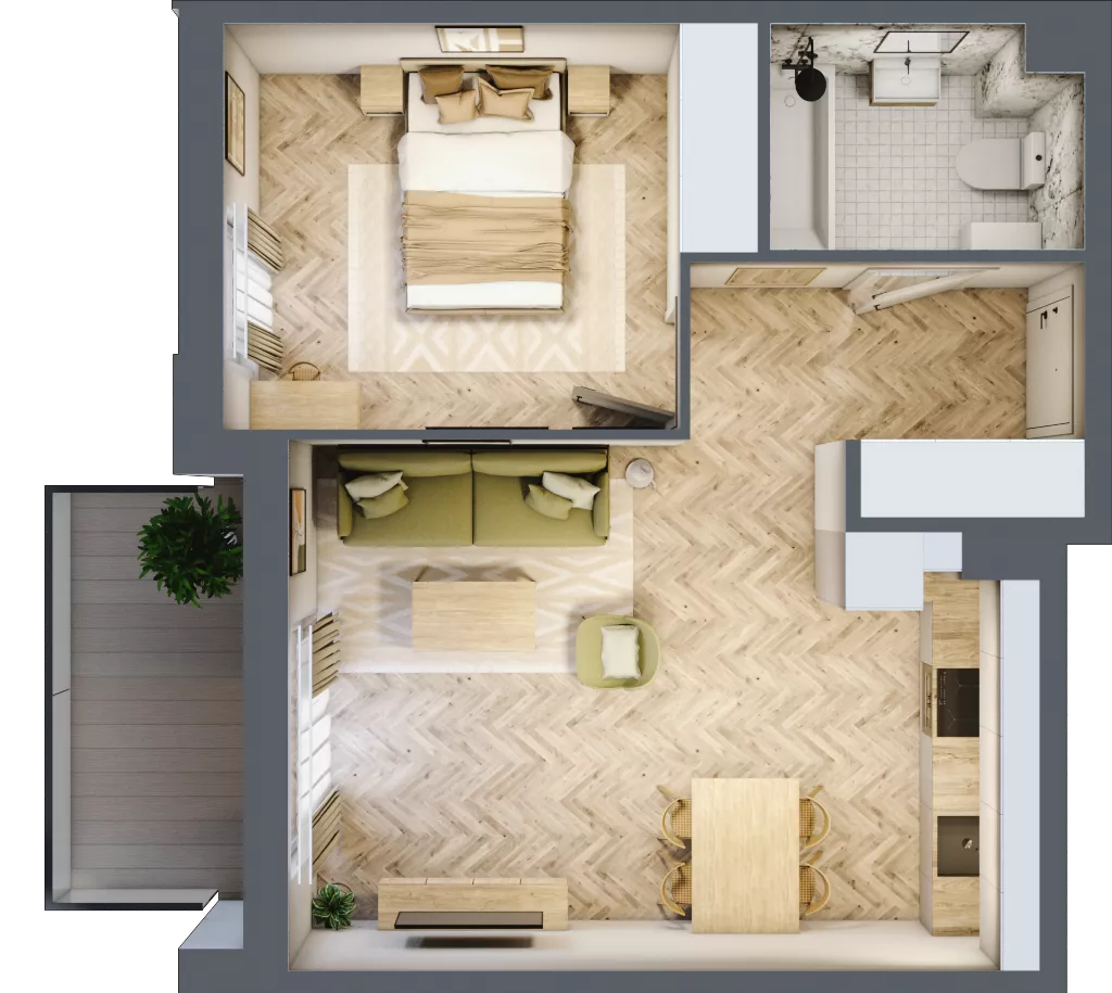 2 pokoje, mieszkanie 43,57 m², piętro 1, oferta nr 1.1.02, Osiedle Rytelska, Gdańsk, Orunia Górna-Gdańsk Południe, ul. Rytelska