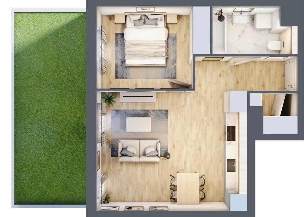 2 pokoje, mieszkanie 45,39 m², parter, oferta nr A1.0.03, Zakole Wisły, Kraków, Podgórze, ul. Na Zakolu Wisły