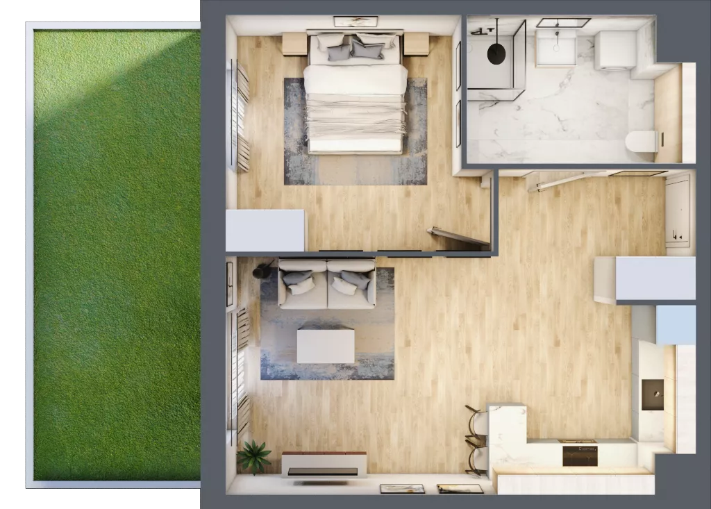 2 pokoje, mieszkanie 50,39 m², parter, oferta nr A1.0.02, Zakole Wisły, Kraków, Podgórze, ul. Na Zakolu Wisły