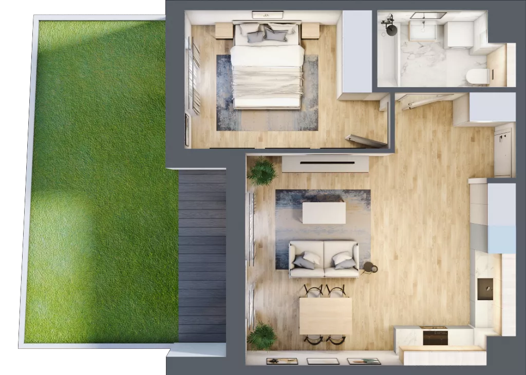 2 pokoje, mieszkanie 47,05 m², parter, oferta nr 1A.07, Skwer Harmonia 2, Kraków, Podgórze, Rybitwy, ul. Półłanki