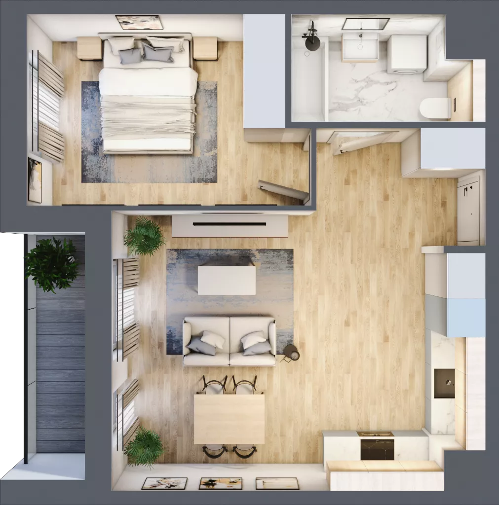 2 pokoje, mieszkanie 45,76 m², piętro 2, oferta nr 1B.13, Skwer Harmonia 2, Kraków, Podgórze, Rybitwy, ul. Półłanki