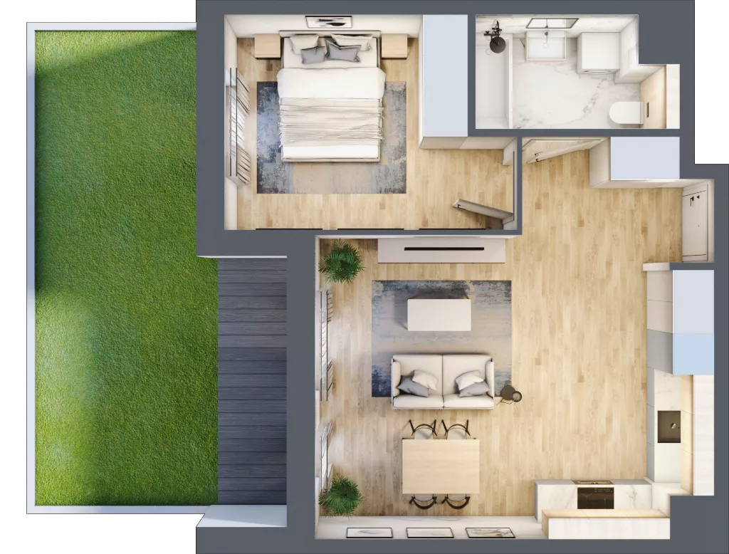 2 pokoje, mieszkanie 46,02 m², parter, oferta nr 1A.05, Skwer Harmonia 2, Kraków, Podgórze, Rybitwy, ul. Półłanki