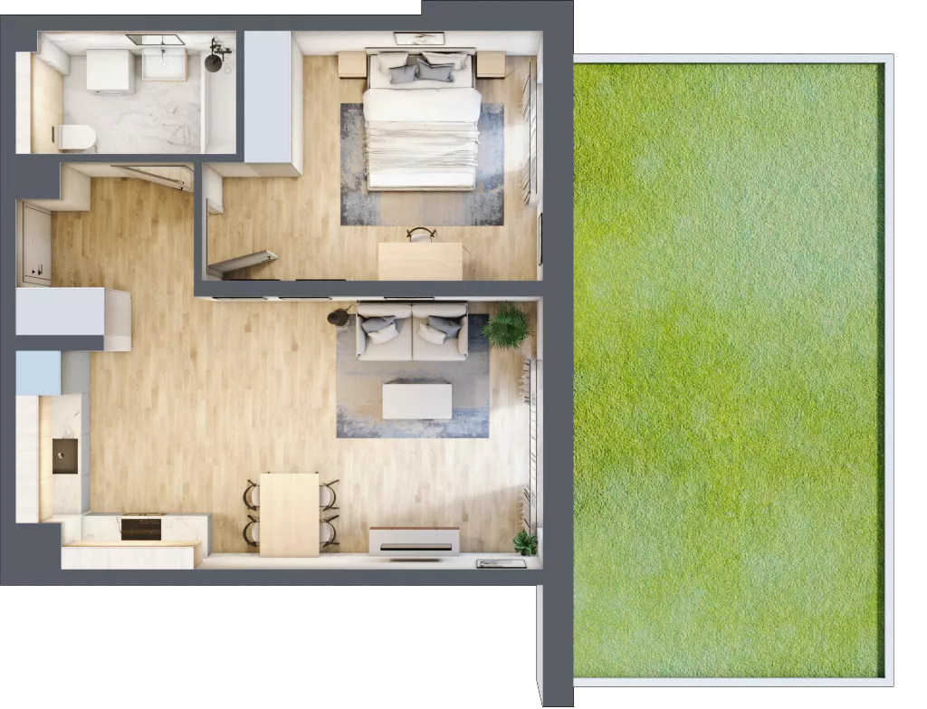2 pokoje, mieszkanie 49,52 m², parter, oferta nr 2B.01, Skwer Harmonia 2, Kraków, Podgórze, Rybitwy, ul. Półłanki