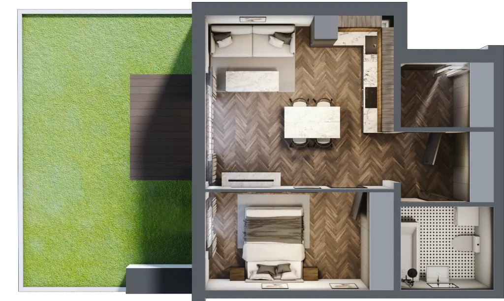 2 pokoje, mieszkanie 46,29 m², parter, oferta nr B1.1, Tarasy Moderno, Kraków, Łagiewniki-Borek Fałęcki, ul. Zbrojarzy