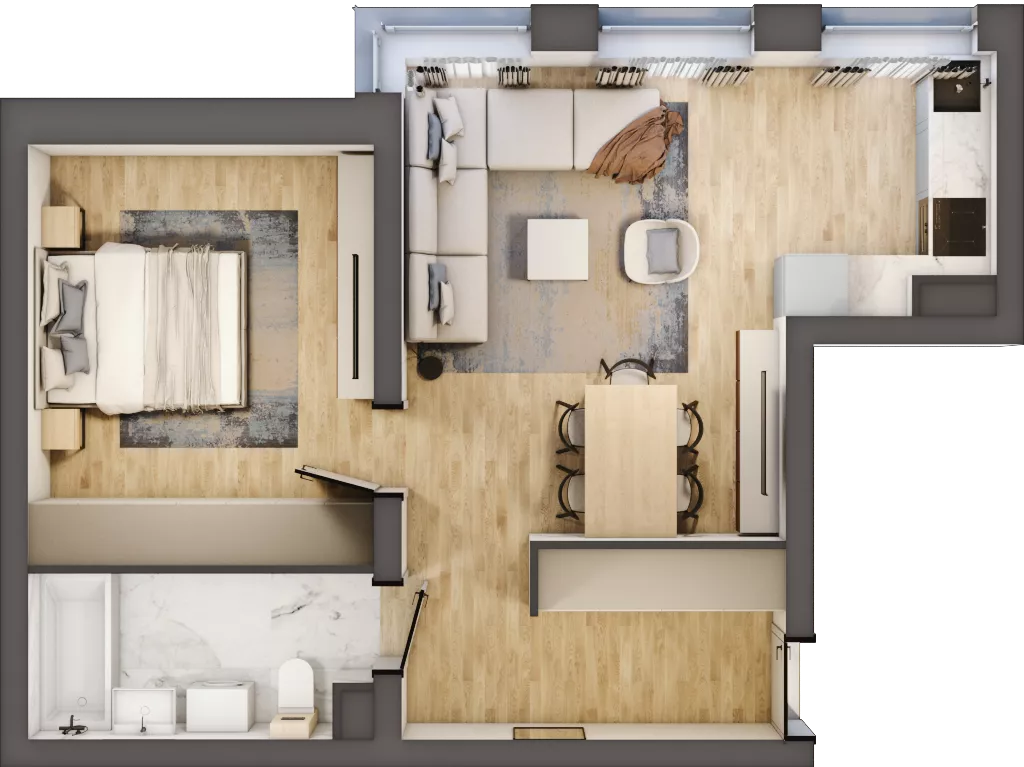 2 pokoje, mieszkanie 42,59 m², piętro 3, oferta nr D16, DA-KO Apartamenty, Gorzów Wielkopolski, ul. Żelazna