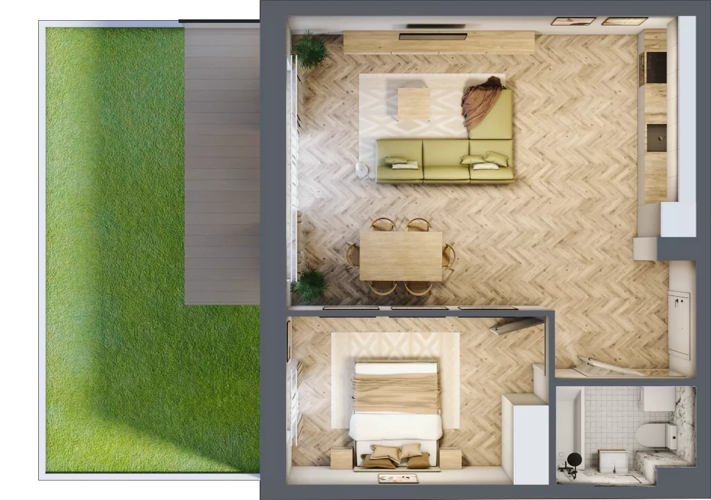 2 pokoje, mieszkanie 55,16 m², parter, oferta nr B1.4, Fokus Bielany, Bielany Wrocławskie, ul. Kolejowa 5