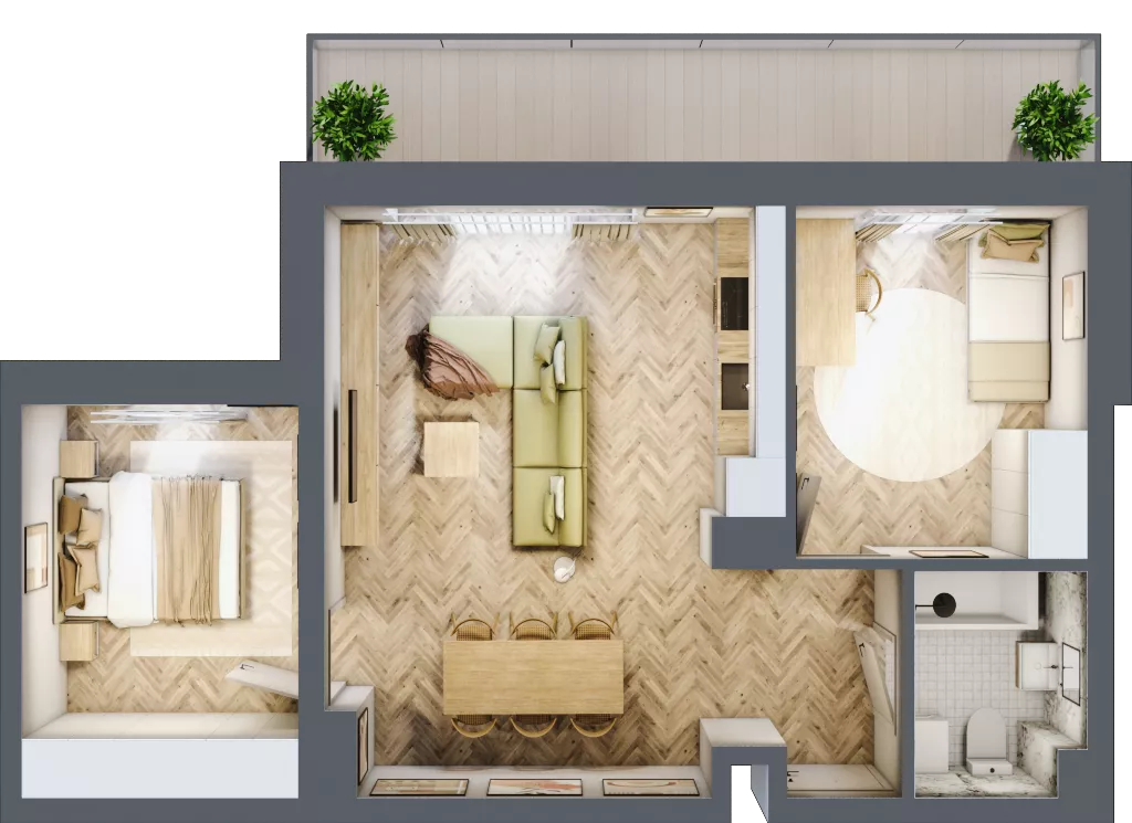 3 pokoje, mieszkanie 56,14 m², piętro 1, oferta nr B2.6, Fokus Bielany, Bielany Wrocławskie, ul. Kolejowa 5