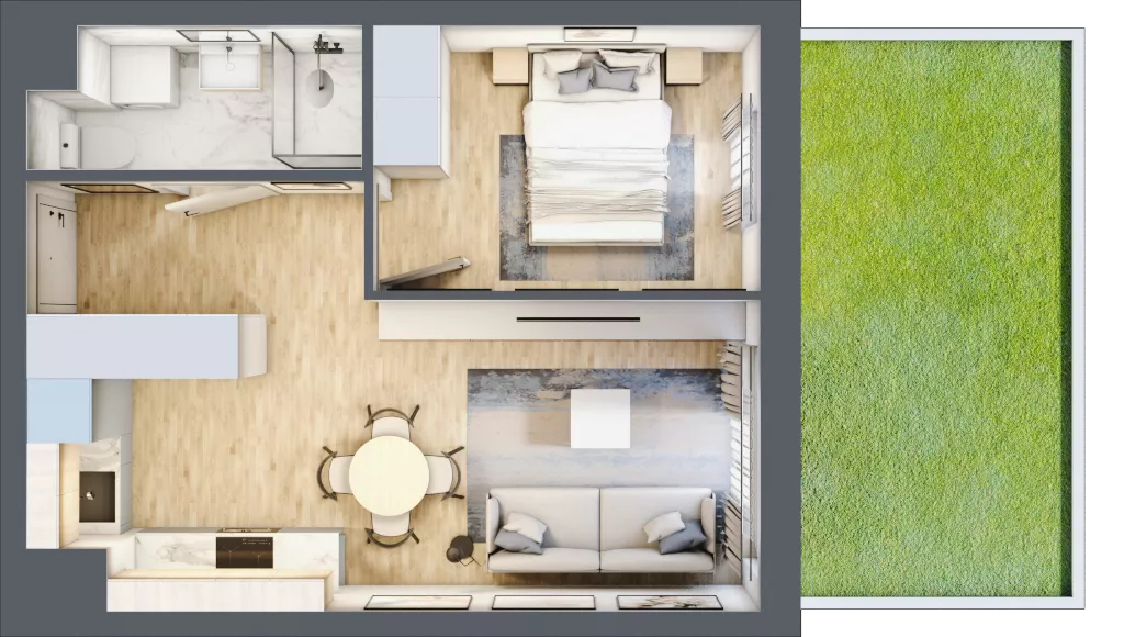 2 pokoje, mieszkanie 36,12 m², piętro 1, oferta nr 107, Nova Dworcowa Apartamenty, Mszczonów, ul. Dworcowa 40
