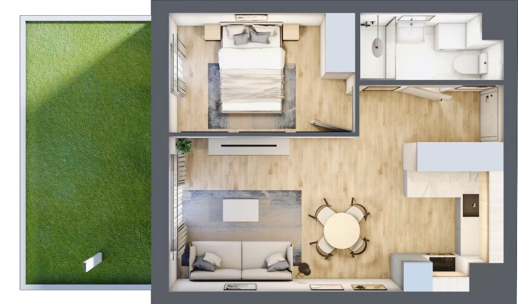 2 pokoje, mieszkanie 38,25 m², parter, oferta nr B.0.46, Wyspiański Apartamenty, Żyrardów, ul. Wyspiańskiego 8