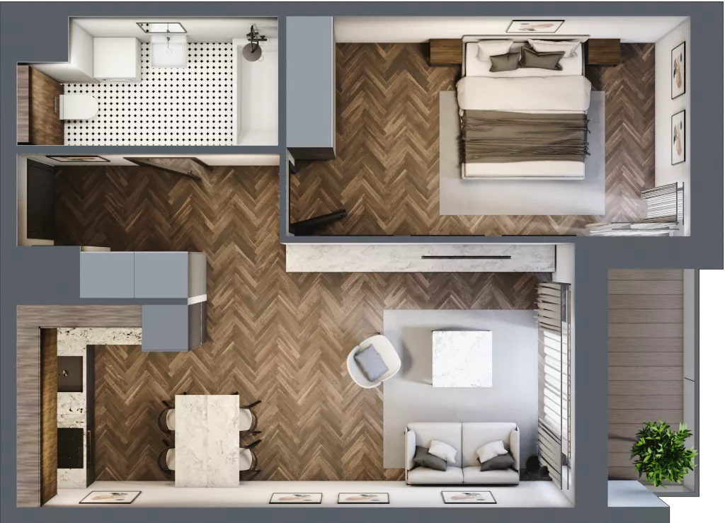 2 pokoje, mieszkanie 48,66 m², piętro 3, oferta nr E.3.7, Inspire, Katowice, Osiedle Paderewskiego-Muchowiec, Dolina Trzech Stawów, ul. gen. Sikorskiego 41