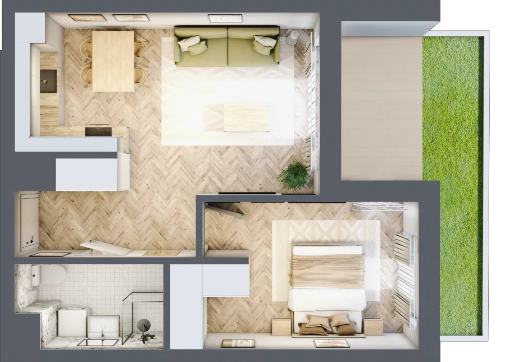 2 pokoje, mieszkanie 44,44 m², parter, oferta nr E.0.3, Panorama Bańgów Etap II, Siemianowice Śląskie, Bańgów, ul. Bańgowska 32
