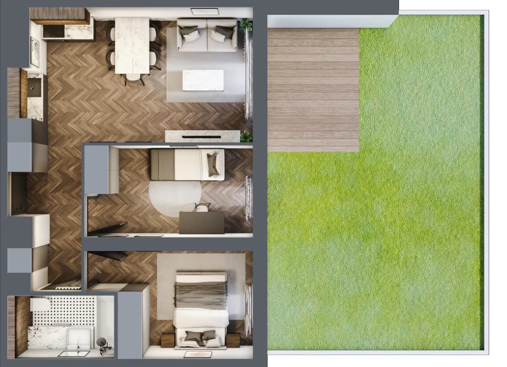 3 pokoje, mieszkanie 49,71 m², parter, oferta nr B1.0.01.3a, Junique I.II, Poznań, Grunwald, Junikowo, ul. Miśnieńska 38, 39, 43