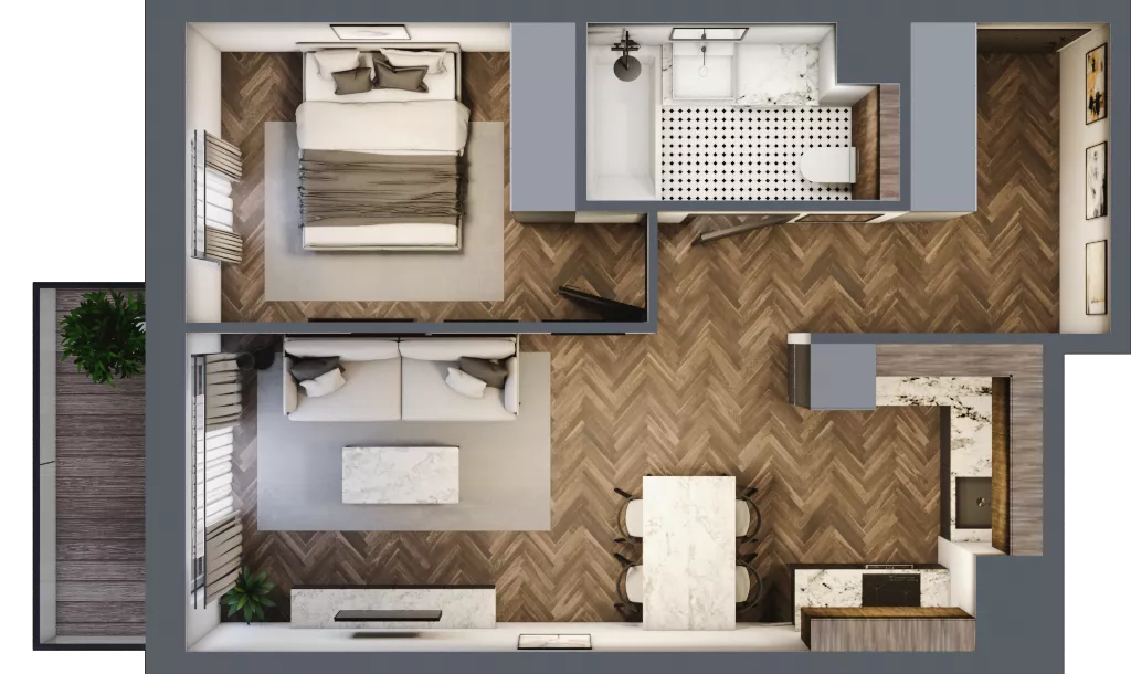 2 pokoje, mieszkanie 43,63 m², piętro 1, oferta nr B1.1.06.2a, Junique I.II, Poznań, Grunwald, Junikowo, ul. Miśnieńska 38, 39, 43