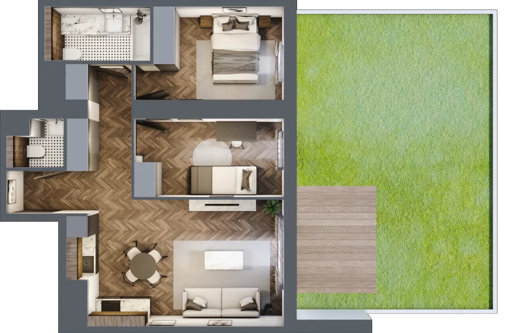 3 pokoje, mieszkanie 55,50 m², parter, oferta nr B2.0.38.3a, Junique I.II, Poznań, Grunwald, Junikowo, ul. Miśnieńska 38, 39, 43