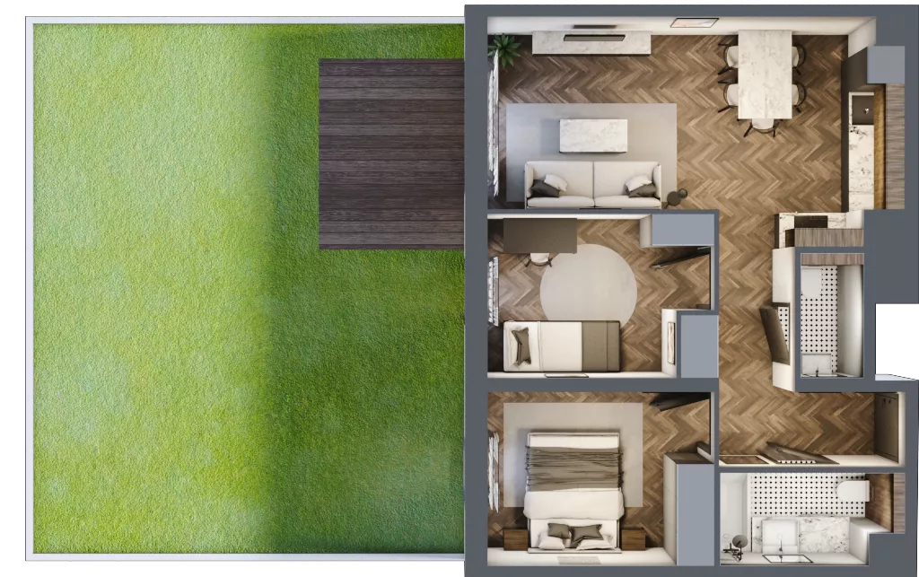 3 pokoje, mieszkanie 53,65 m², parter, oferta nr B2.0.36.3a, Junique I.II, Poznań, Grunwald, Junikowo, ul. Miśnieńska 38, 39, 43