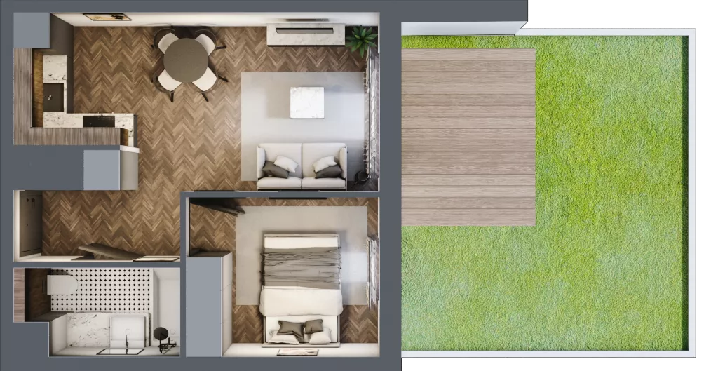 2 pokoje, mieszkanie 33,25 m², parter, oferta nr B2.0.33.2a, Junique I.II, Poznań, Grunwald, Junikowo, ul. Miśnieńska 38, 39, 43